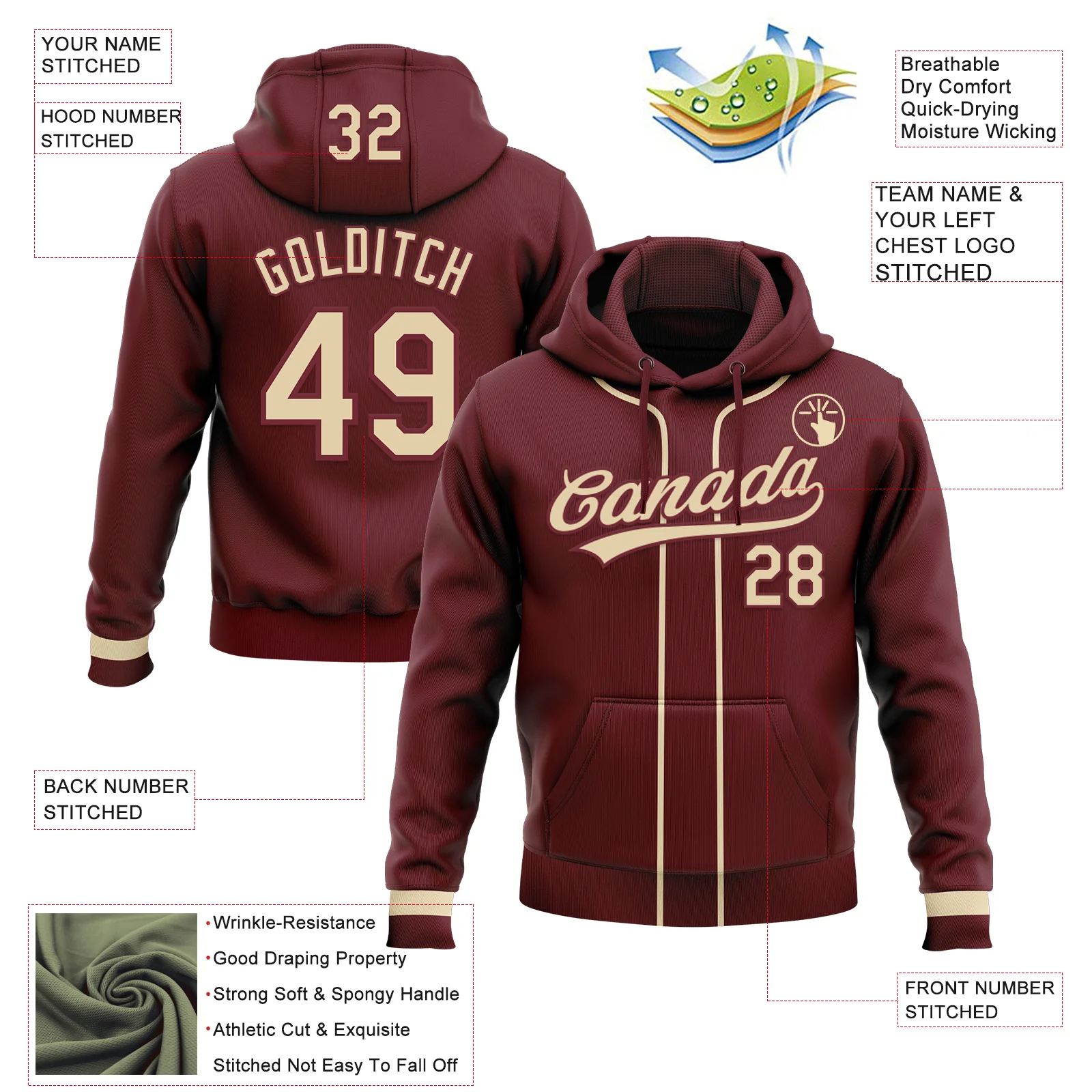 Custom Stitched Burgundy Cream-Burgundy Baseball Pullover Sweatshirt Hoodie - Image 2