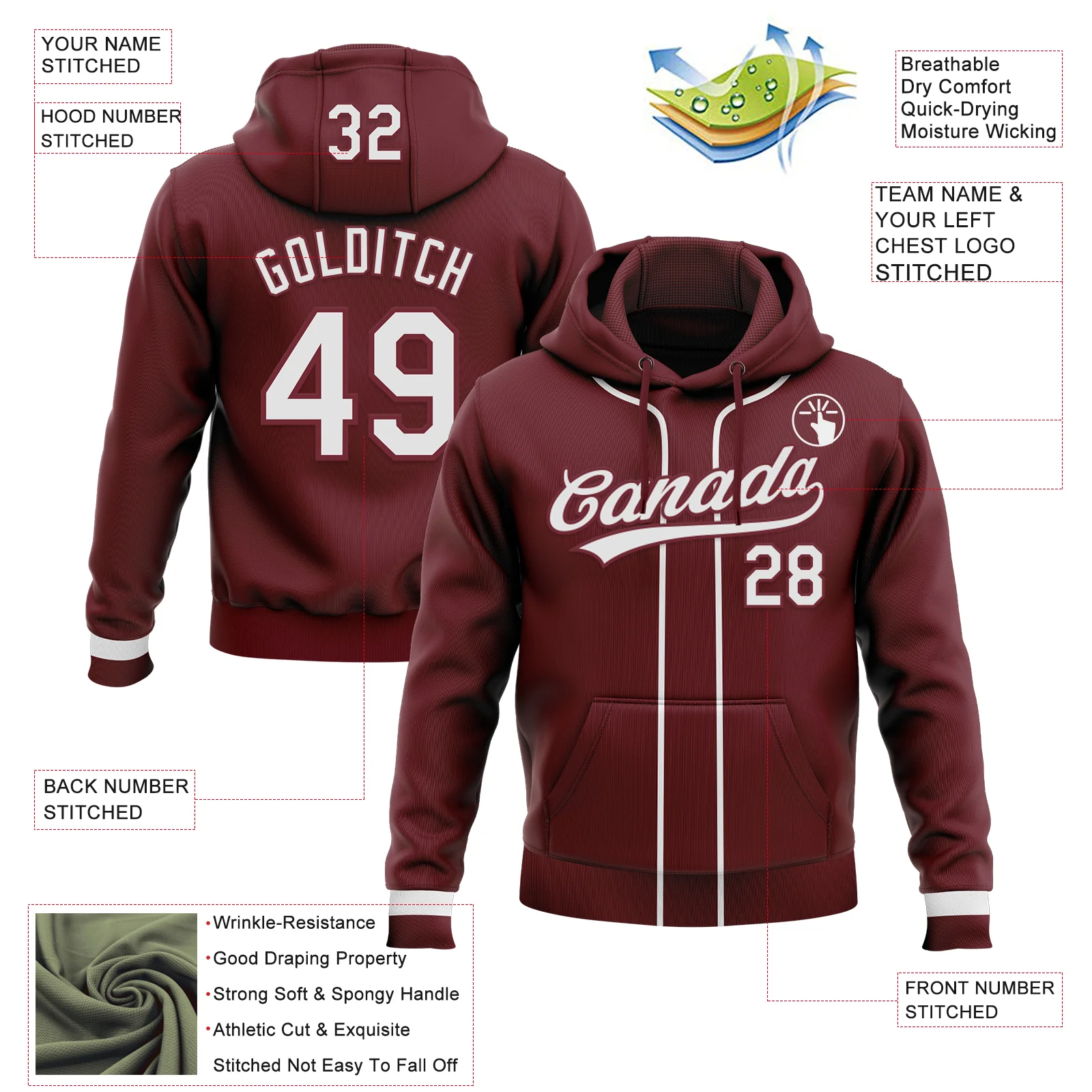Custom Stitched Burgundy White-Burgundy Baseball Pullover Sweatshirt Hoodie - Image 2