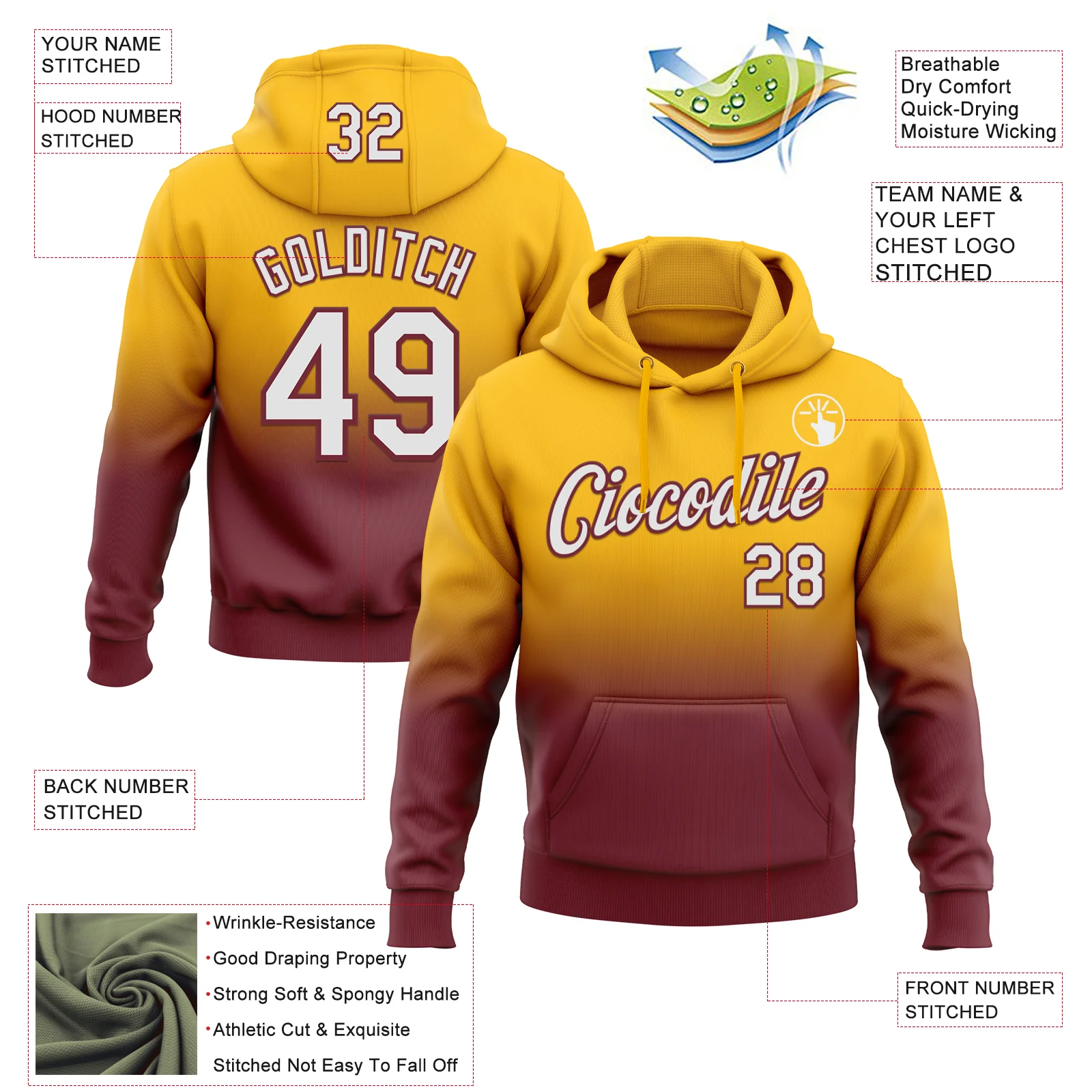Custom Stitched Gold White-Burgundy Fade Fashion Sports Pullover Sweatshirt Hoodie - Image 2
