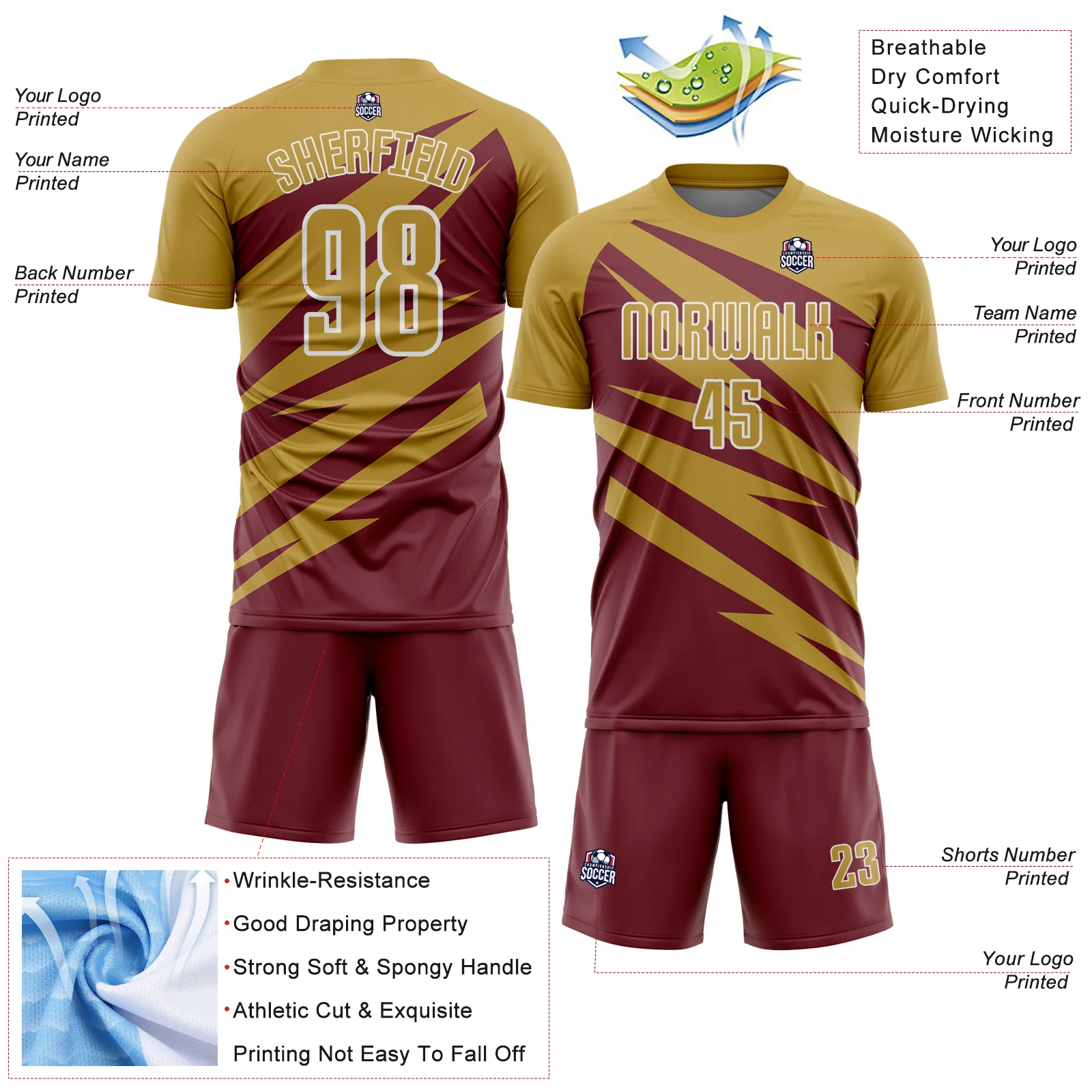 Custom Old Gold Burgundy-White Abstract Line Sports Sublimation Soccer Uniform Jersey - Image 4