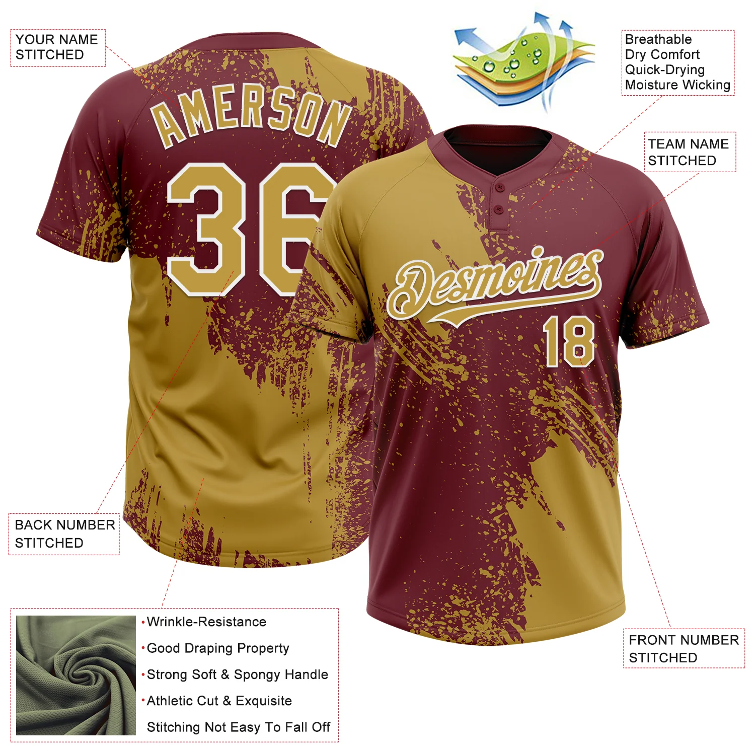 Custom Old Gold Burgundy-White 3D Pattern Abstract Brush Stroke Two-Button Unisex Softball Jersey - Image 3