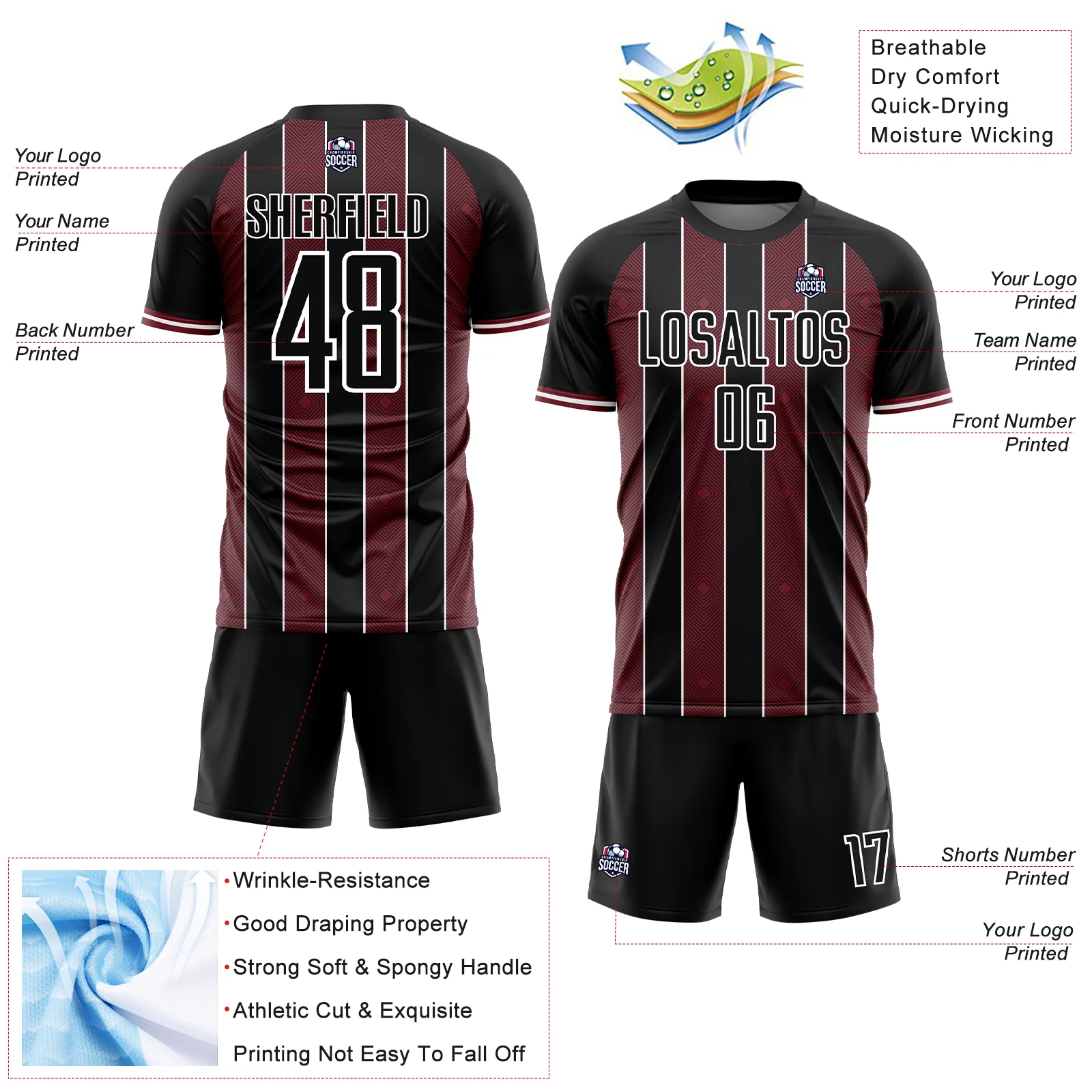 Custom Black Burgundy-White Pinstripe Line Sports Sublimation Soccer Uniform Jersey - Image 4