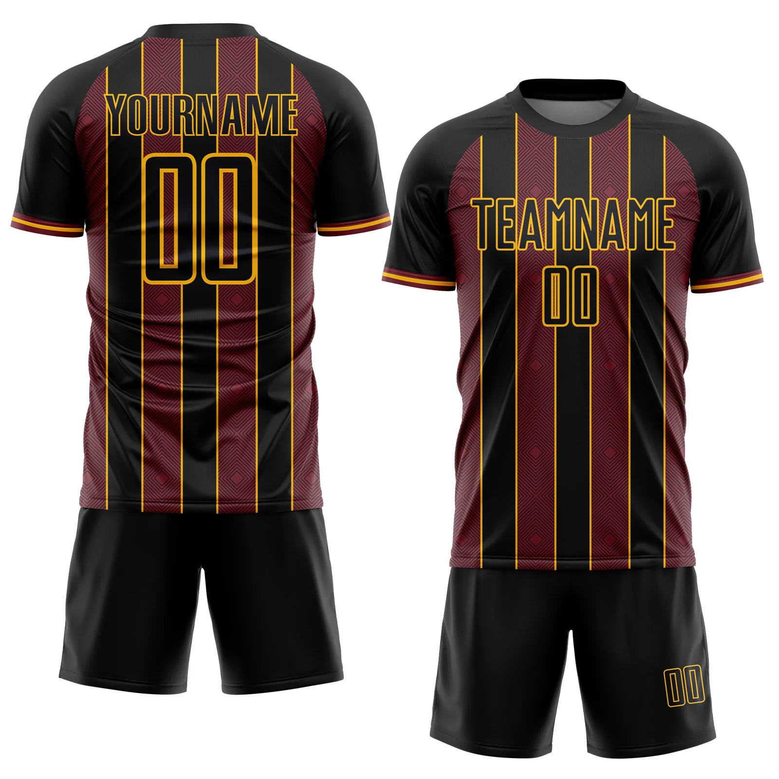 Custom Black Burgundy-Gold Pinstripe Line Sports Sublimation Soccer Uniform Jersey - Image 2