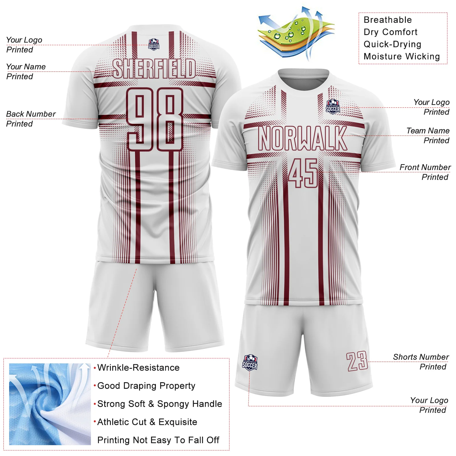 Custom White Burgundy Lines Sublimation Soccer Uniform Jersey - Image 4