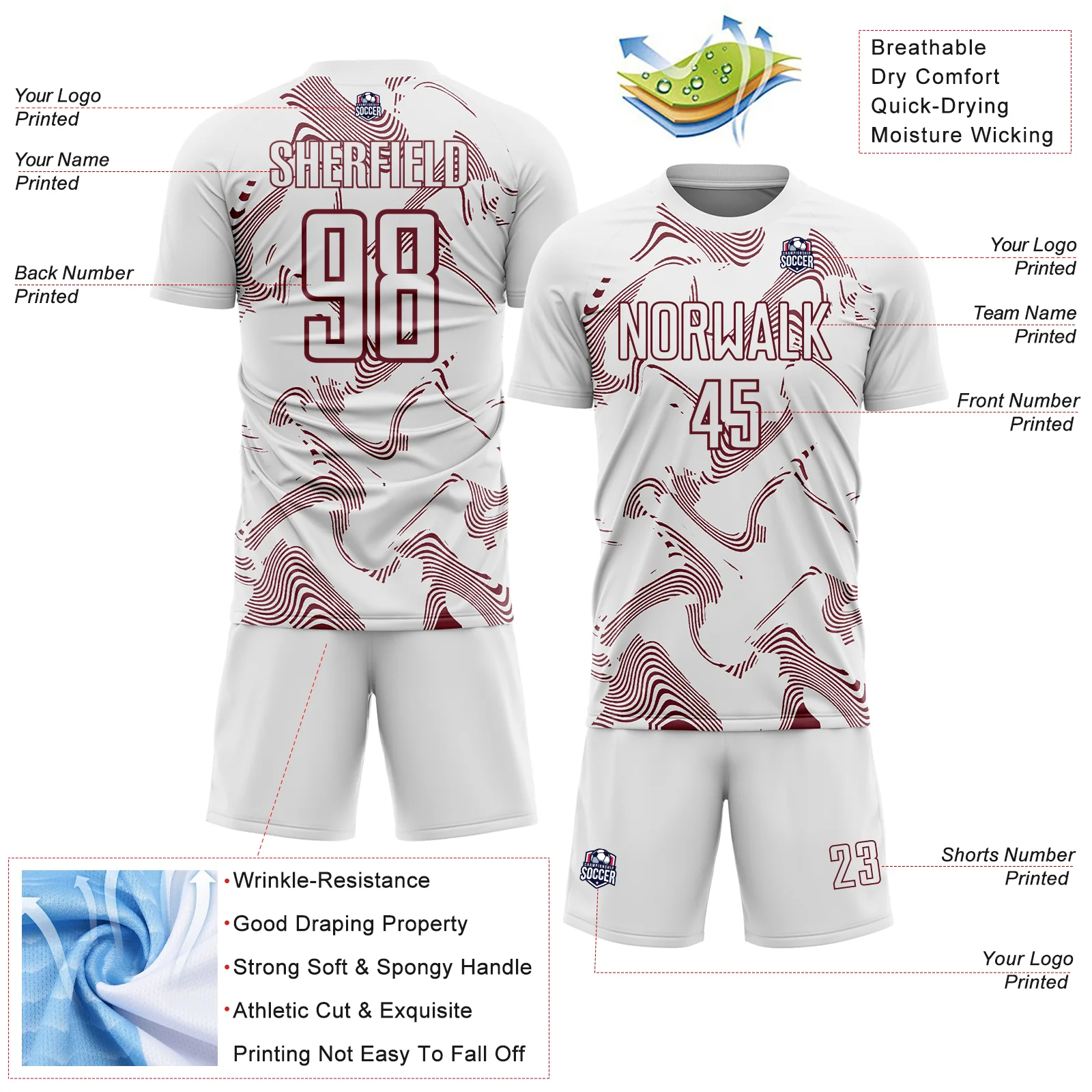 Custom White Burgundy Curve Lines Sports Sublimation Soccer Uniform Jersey - Image 4