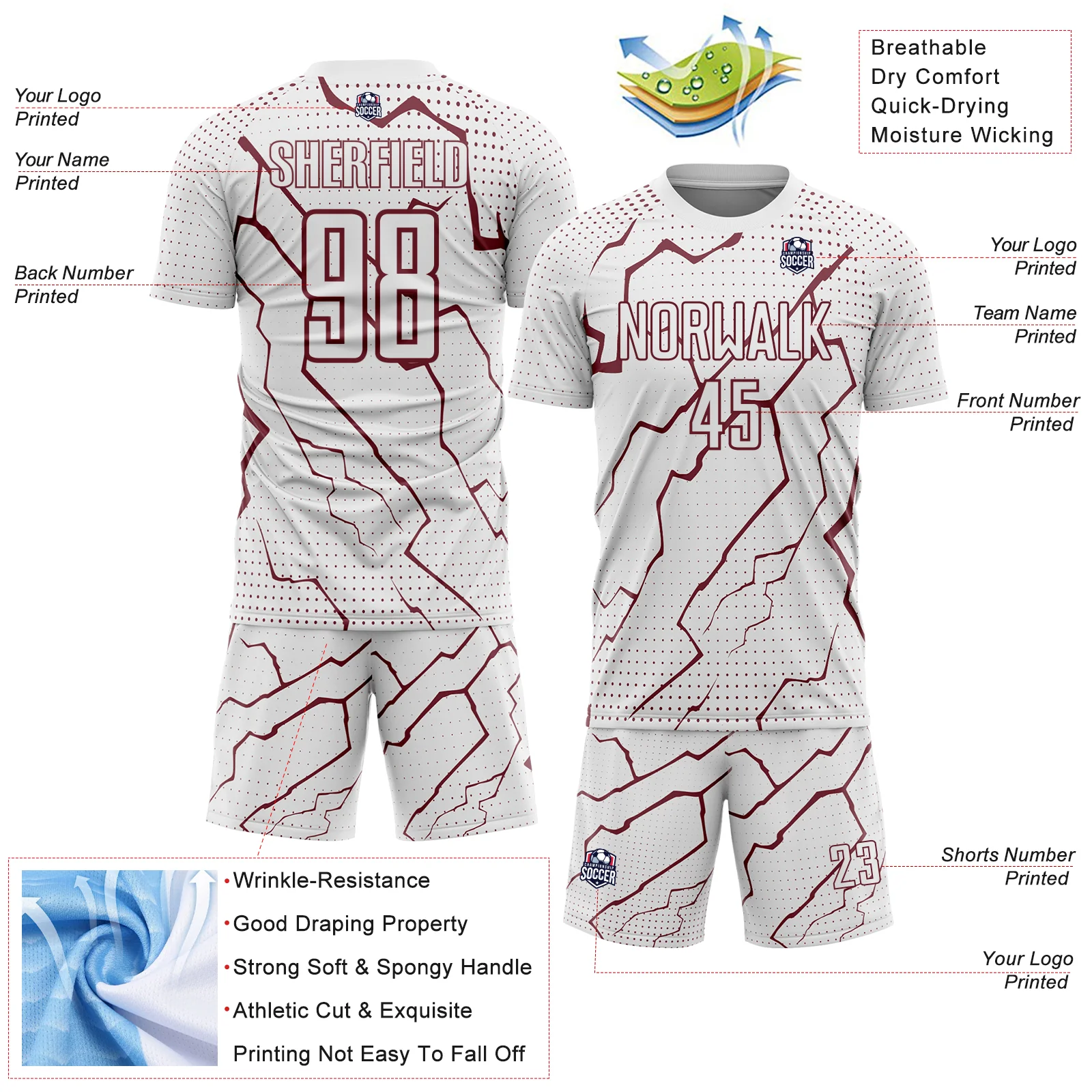 Custom White Burgundy Lightning Sports Sublimation Soccer Uniform Jersey - Image 4