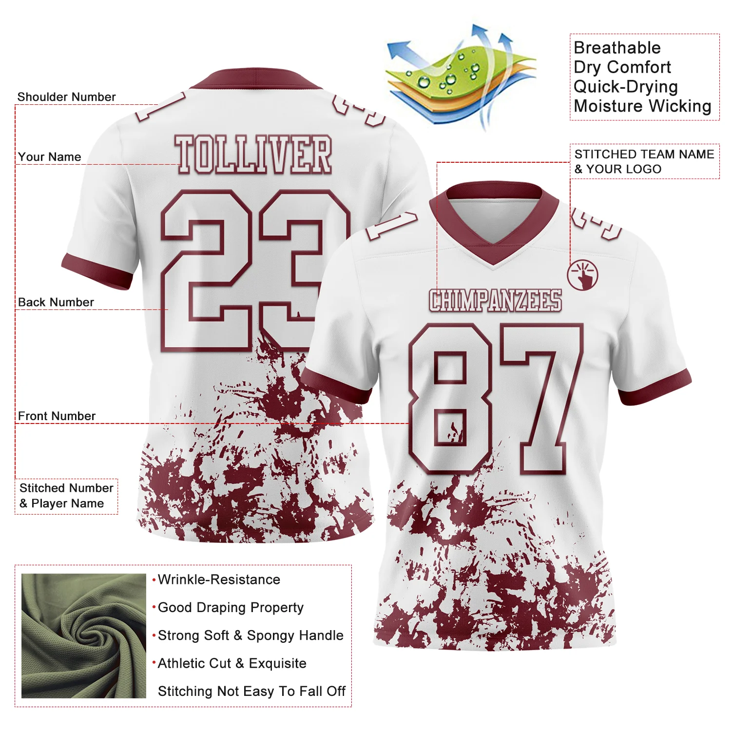 Custom White Burgundy 3D Pattern Splash Authentic Football Jersey - Image 2