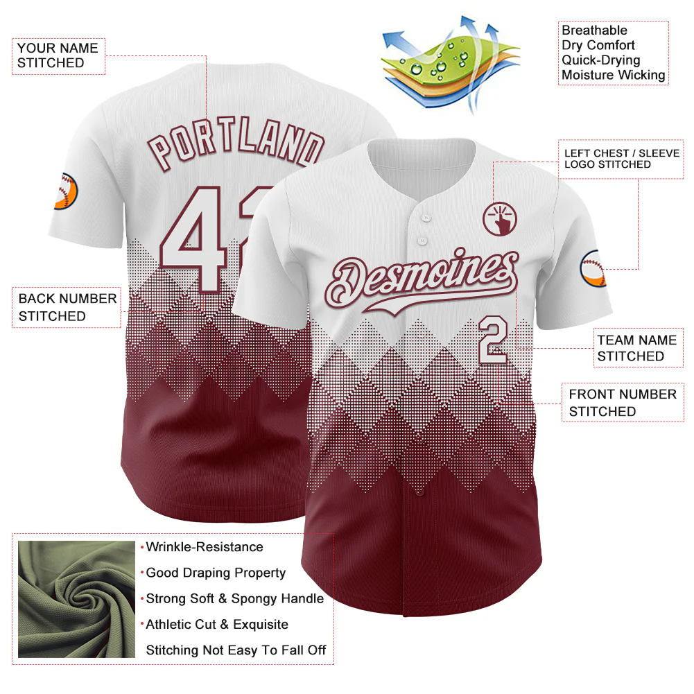 Custom White Burgundy 3D Gradient Square Shape Authentic Baseball Jersey - Image 3