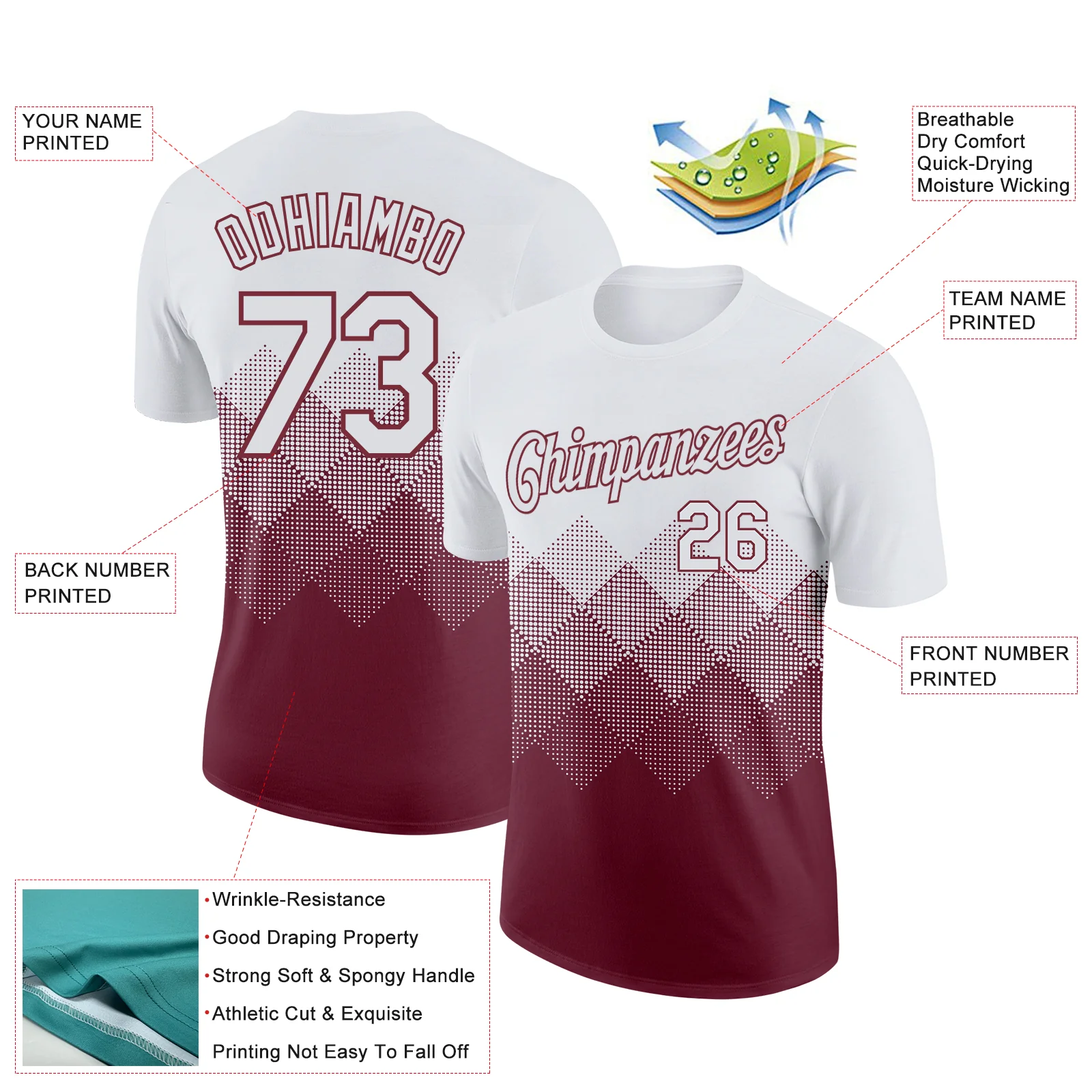Custom White Burgundy 3D Pattern Design Gradient Square Shapes Performance T-Shirt - Image 2