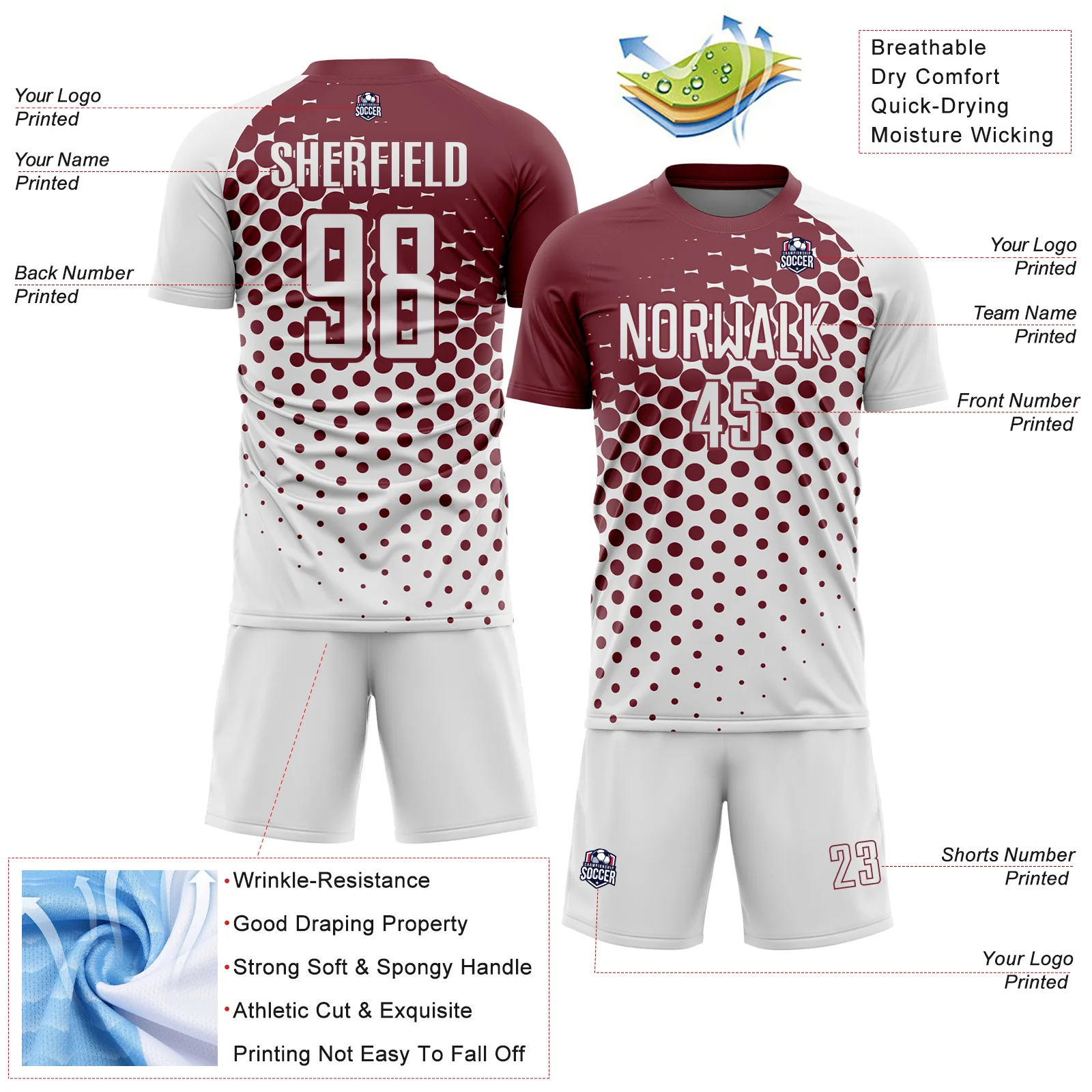 Custom White Burgundy Modern Polka Dot Sublimation Soccer Uniform Jersey - Image 4