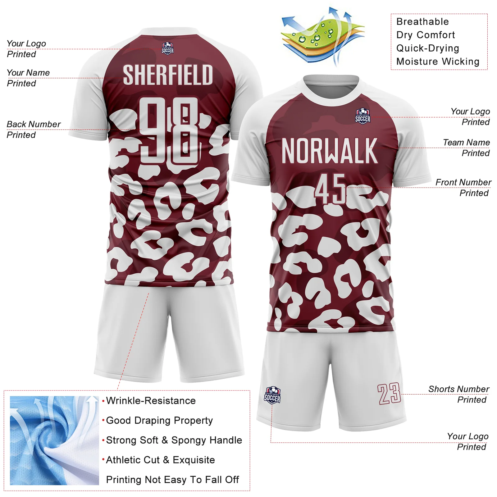 Custom White Burgundy Animal Leopard Print Sports Sublimation Soccer Uniform Jersey - Image 4