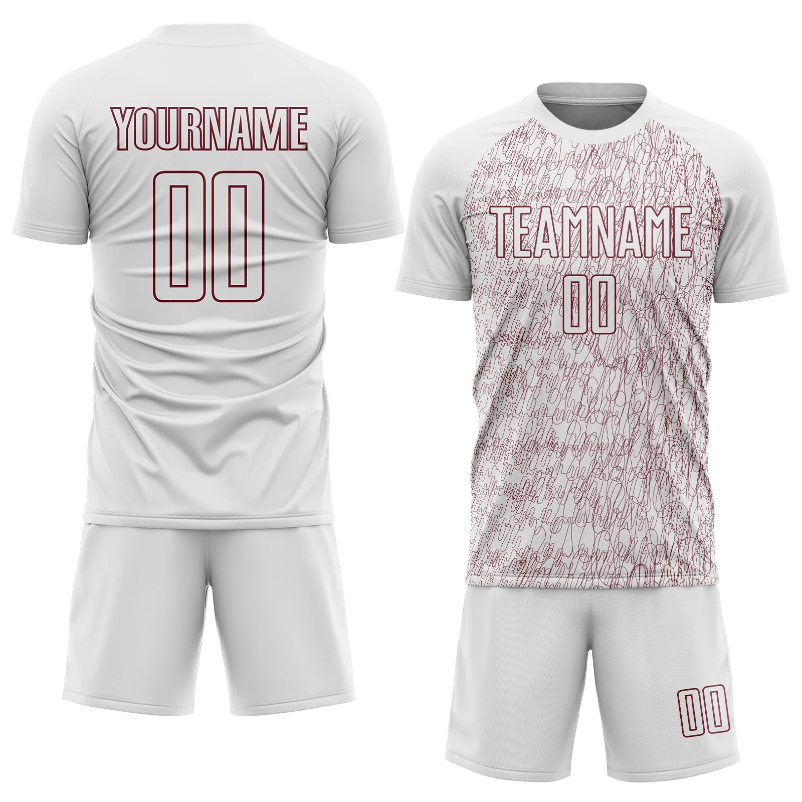 Custom White Burgundy Abstract Scribble Curve Line Pattern Sports Sublimation Soccer Uniform Jersey - Image 2
