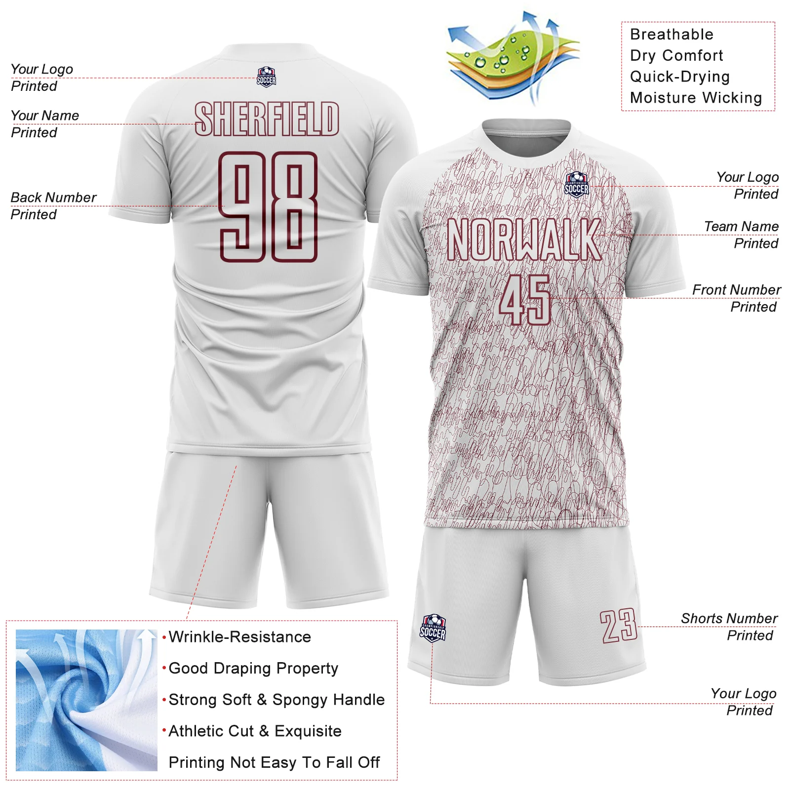 Custom White Burgundy Abstract Scribble Curve Line Pattern Sports Sublimation Soccer Uniform Jersey - Image 4
