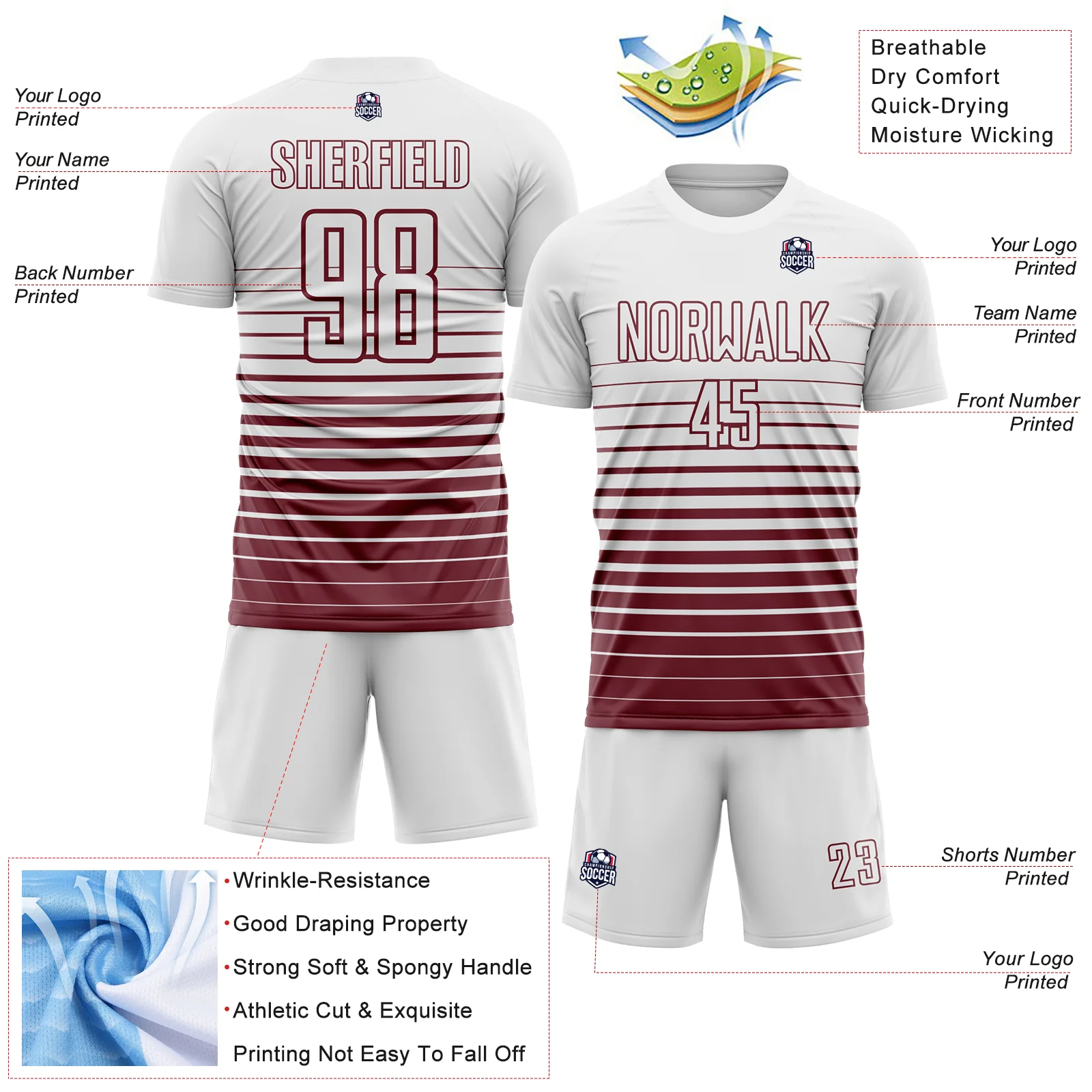 Custom White Burgundy Gradient Pinstripe Sublimation Soccer Uniform Jersey - Image 4