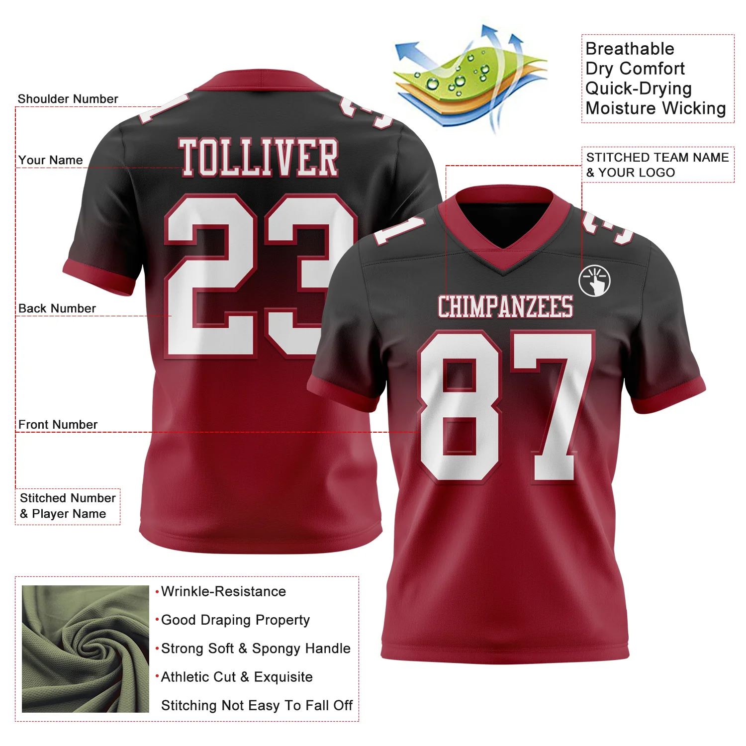 Custom Black White-Cardinal Authentic Fade Fashion Football Jersey - Image 2