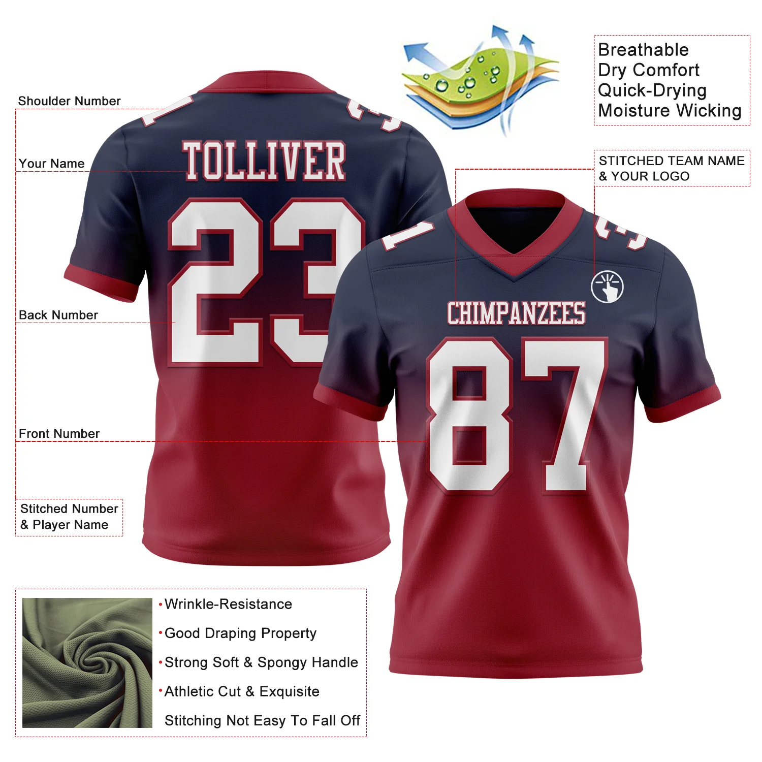 Custom Navy White-Cardinal Authentic Fade Fashion Football Jersey - Image 2