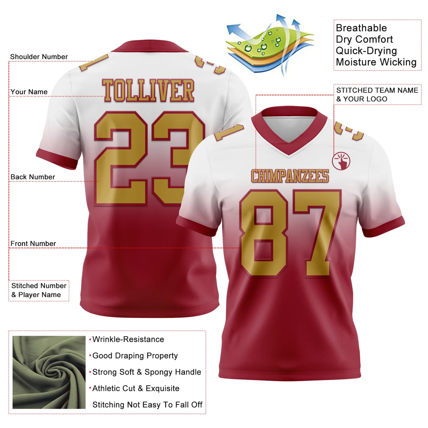 Custom White Old Gold-Cardinal Authentic Fade Fashion Football Jersey - Image 2