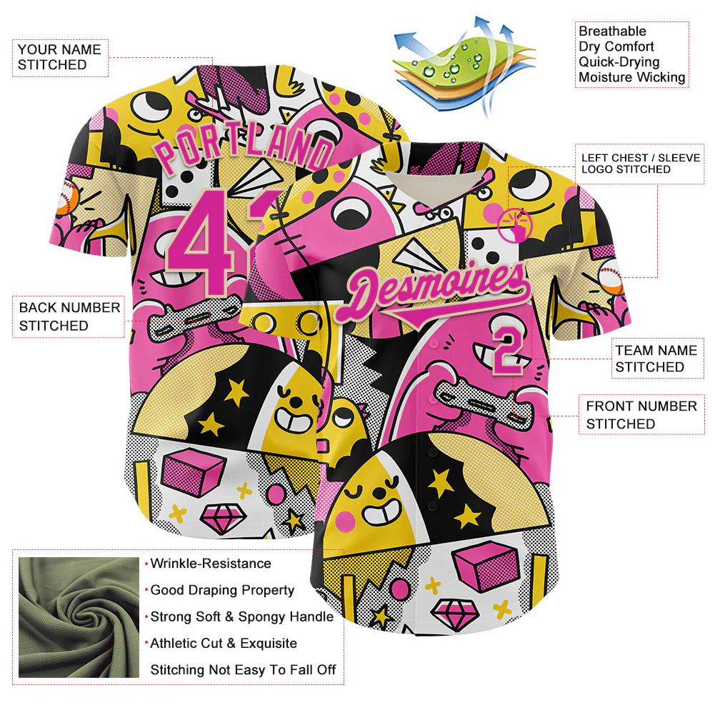Custom Black Deep Pink-City Cream 3D Geo Law Fun N Games Authentic Baseball Jersey - Image 3