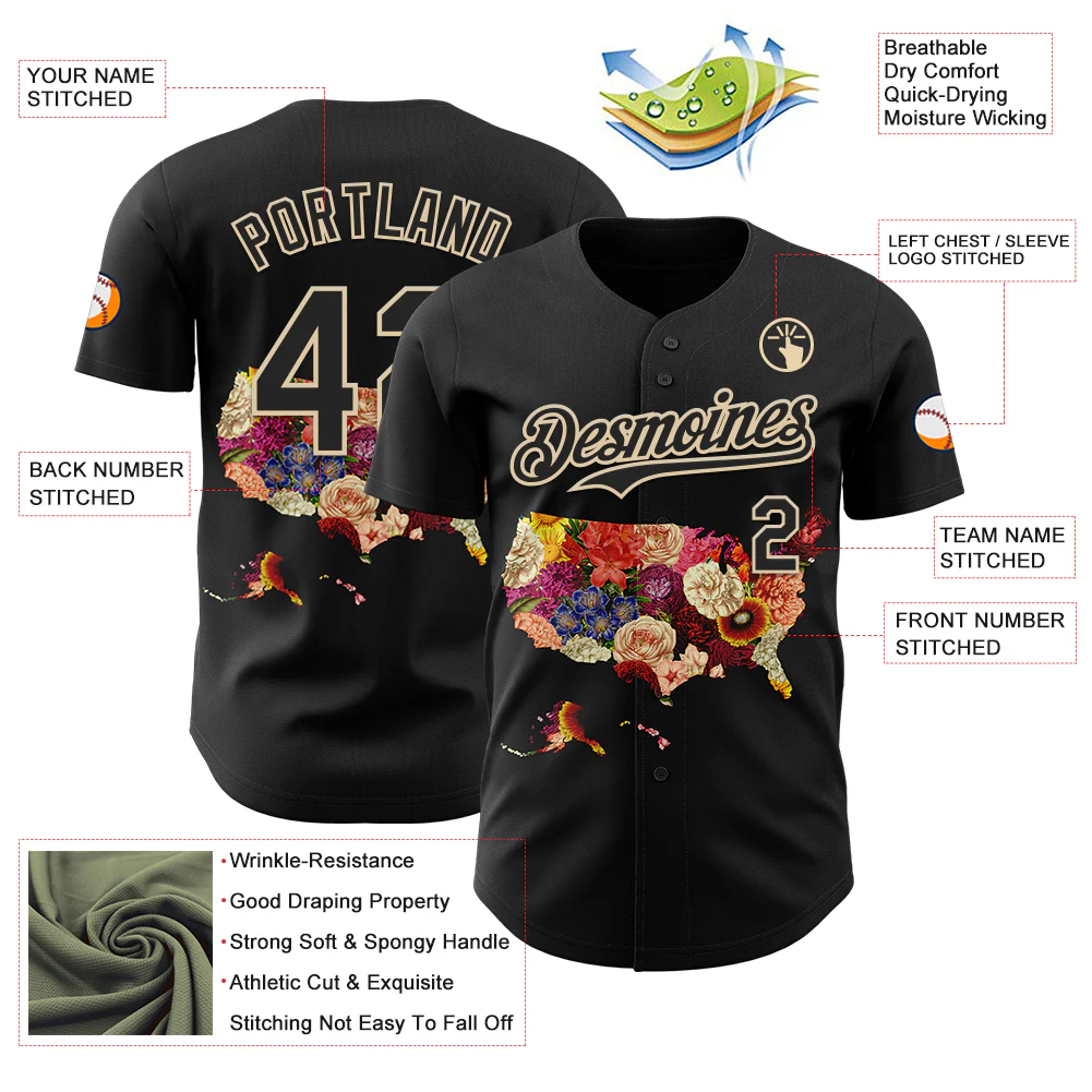 Custom Black Black-City Cream 3D Tobe Fonseca Blooming USA Map Flower Authentic Baseball Jersey - Image 3
