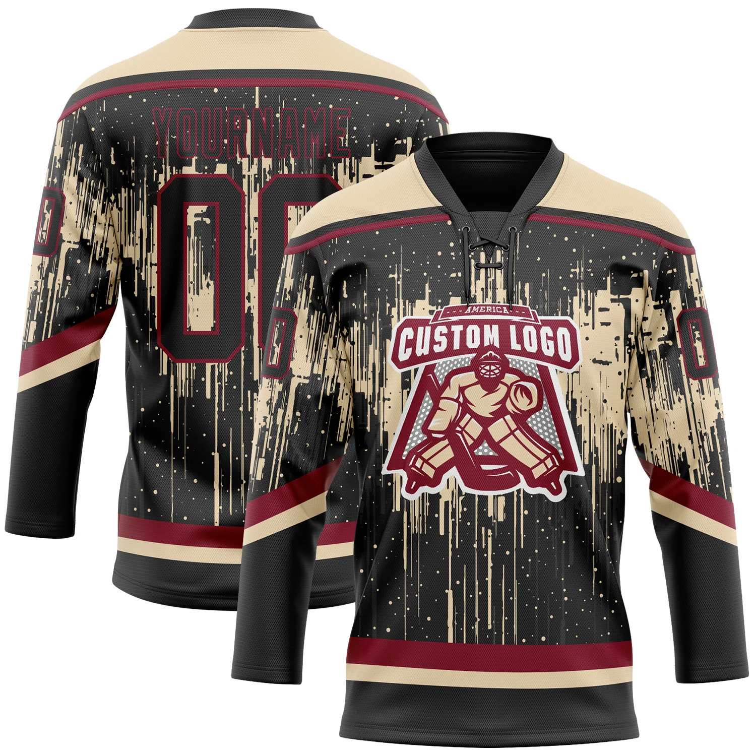 Custom Black City Cream Crimson-Steel Gray Dripping Splatter Pattern Hockey Lace Neck Jersey - Image 2