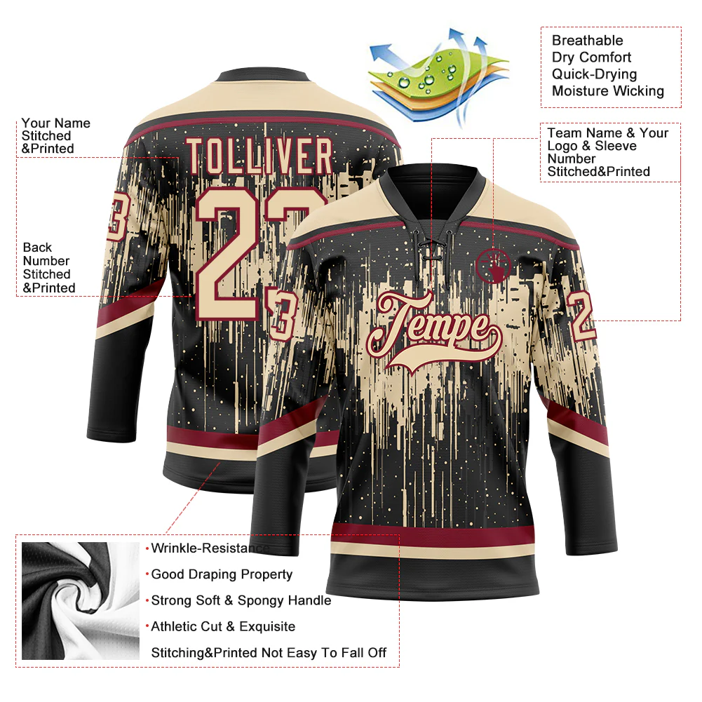 Custom Black City Cream Crimson-Steel Gray Dripping Splatter Pattern Hockey Lace Neck Jersey - Image 5