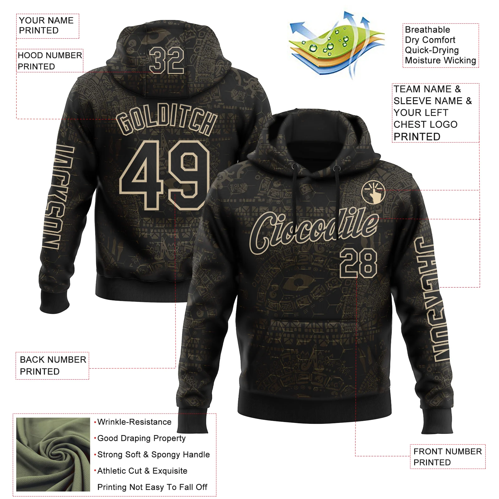 Custom Black City Cream 3D Pattern Design Ethnic Tribal Sportswear Pullover Sweatshirt Hoodie - Image 2