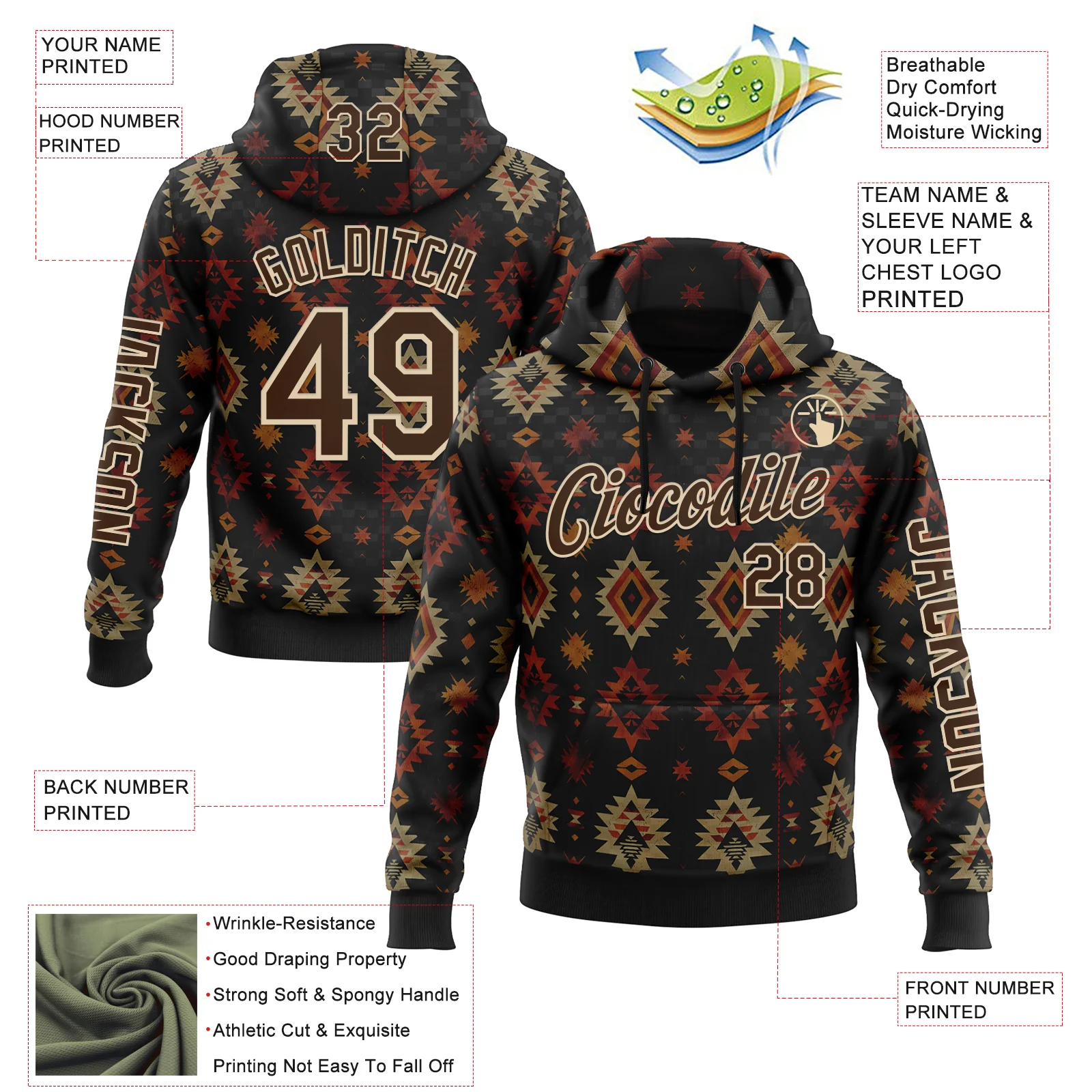 Custom Black Brown-City Cream 3D Pattern Design Western Cowboy Tribal Ethnic Sports Pullover Sweatshirt Hoodie - Image 2