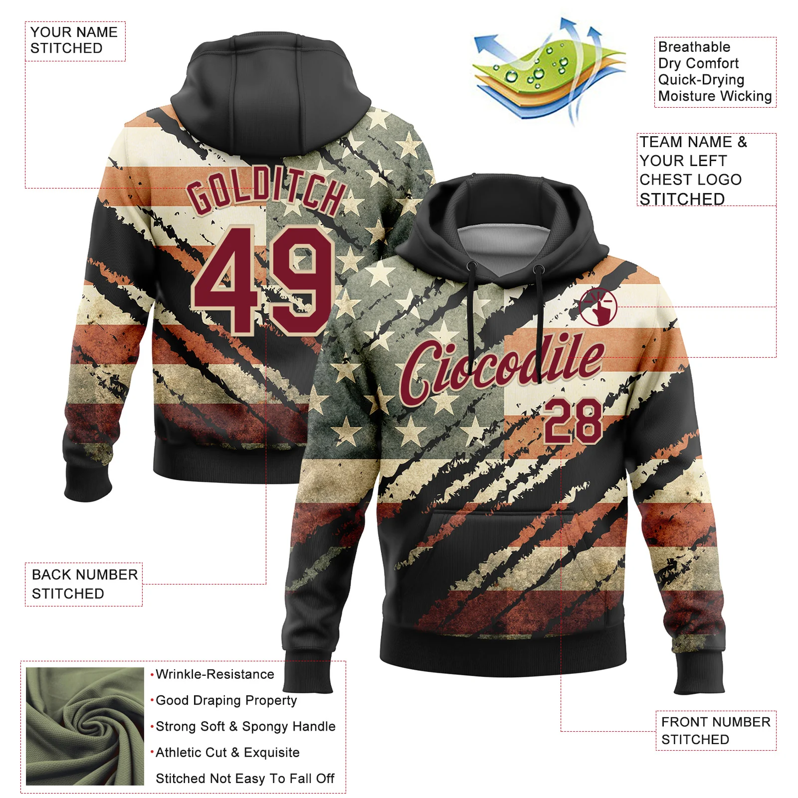 Custom Stitched Black Crimson-City Cream 3D American Flag Retro Distressed Grunge Sports Pullover Sweatshirt Hoodie - Image 2