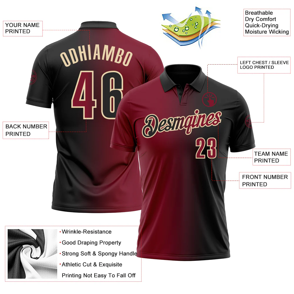 Custom Black Crimson-City Cream 3D Gradient Fashion Performance Polo Shirt - Image 3