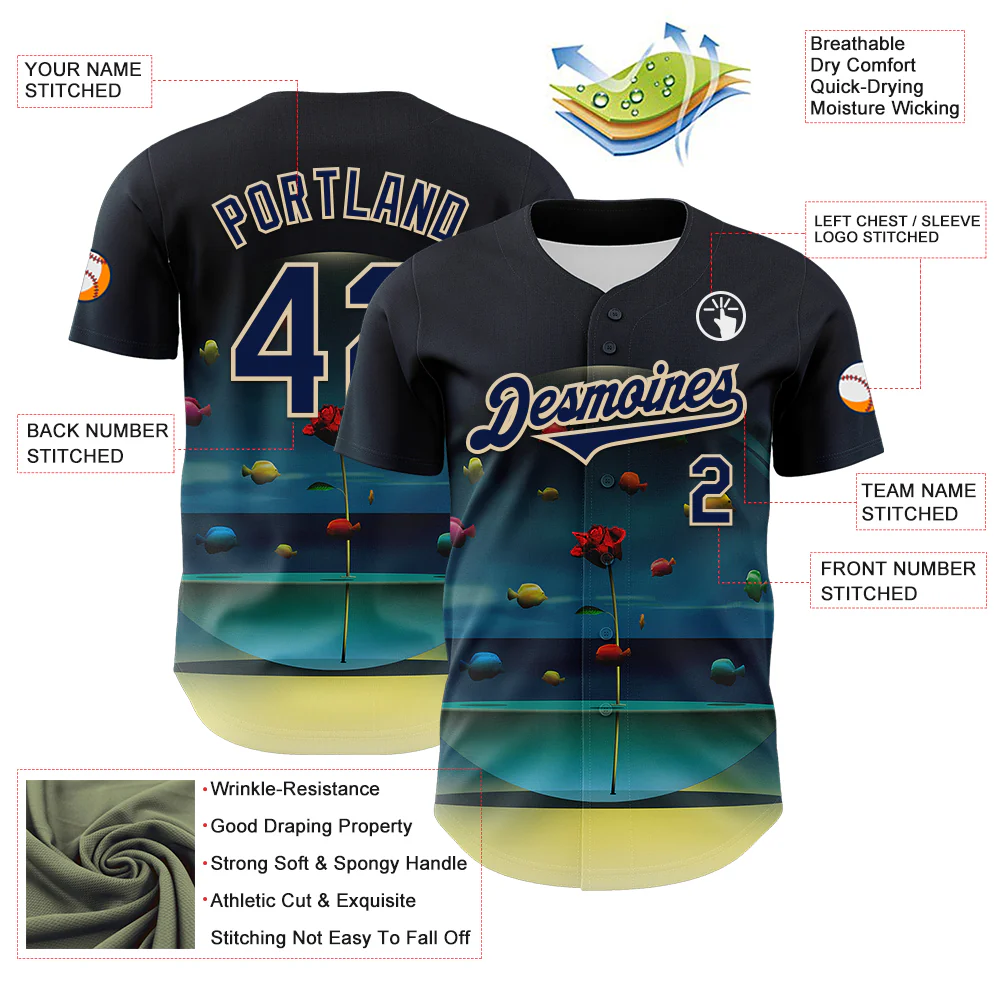 Custom Blue Navy-City Cream 3D Marcel Caram The Round Aquarium Blue Version Authentic Baseball Jersey - Image 3