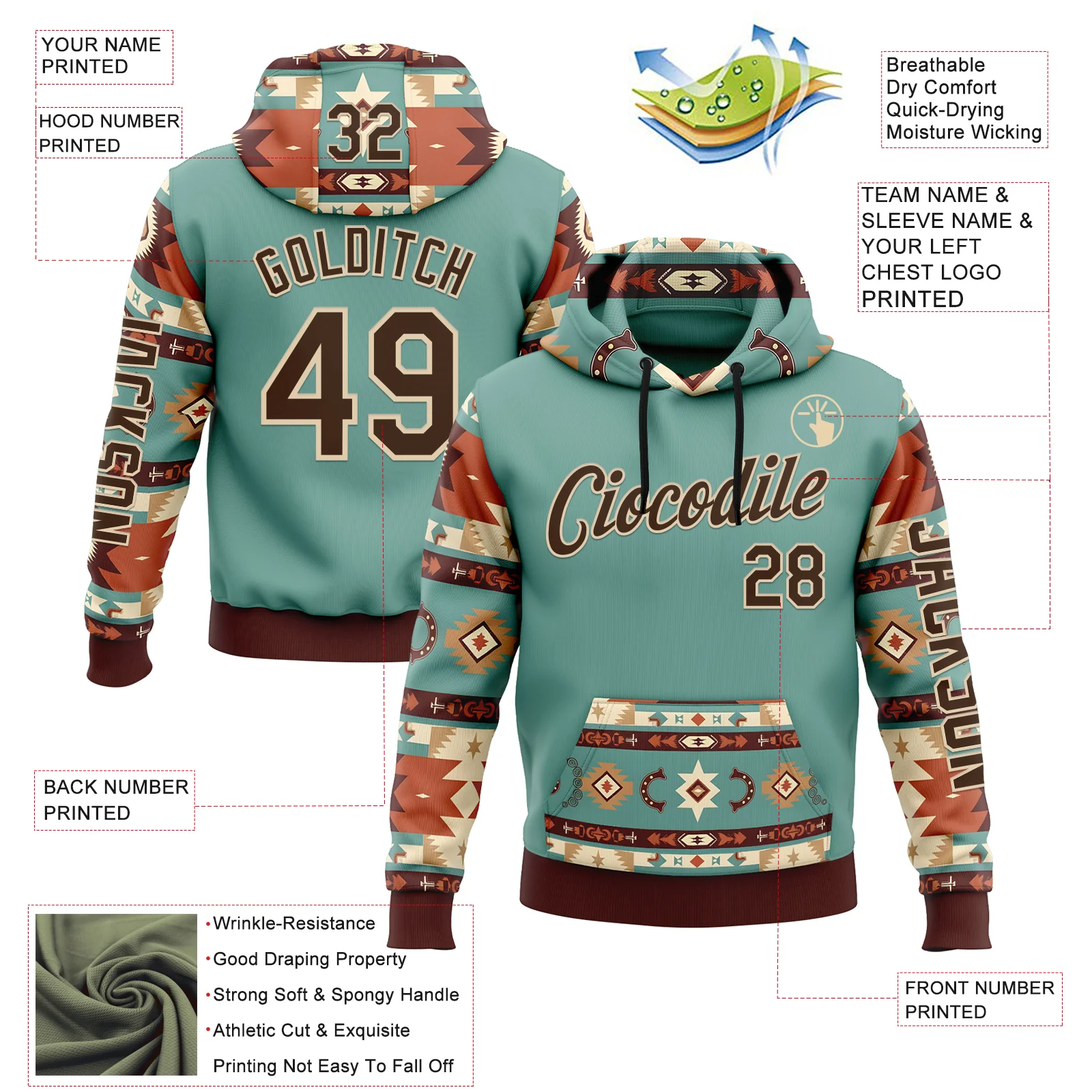 Custom Blue Brown-City Cream 3D Pattern Design Western Cowboy Tribal Ethnic Sports Pullover Sweatshirt Hoodie - Image 2