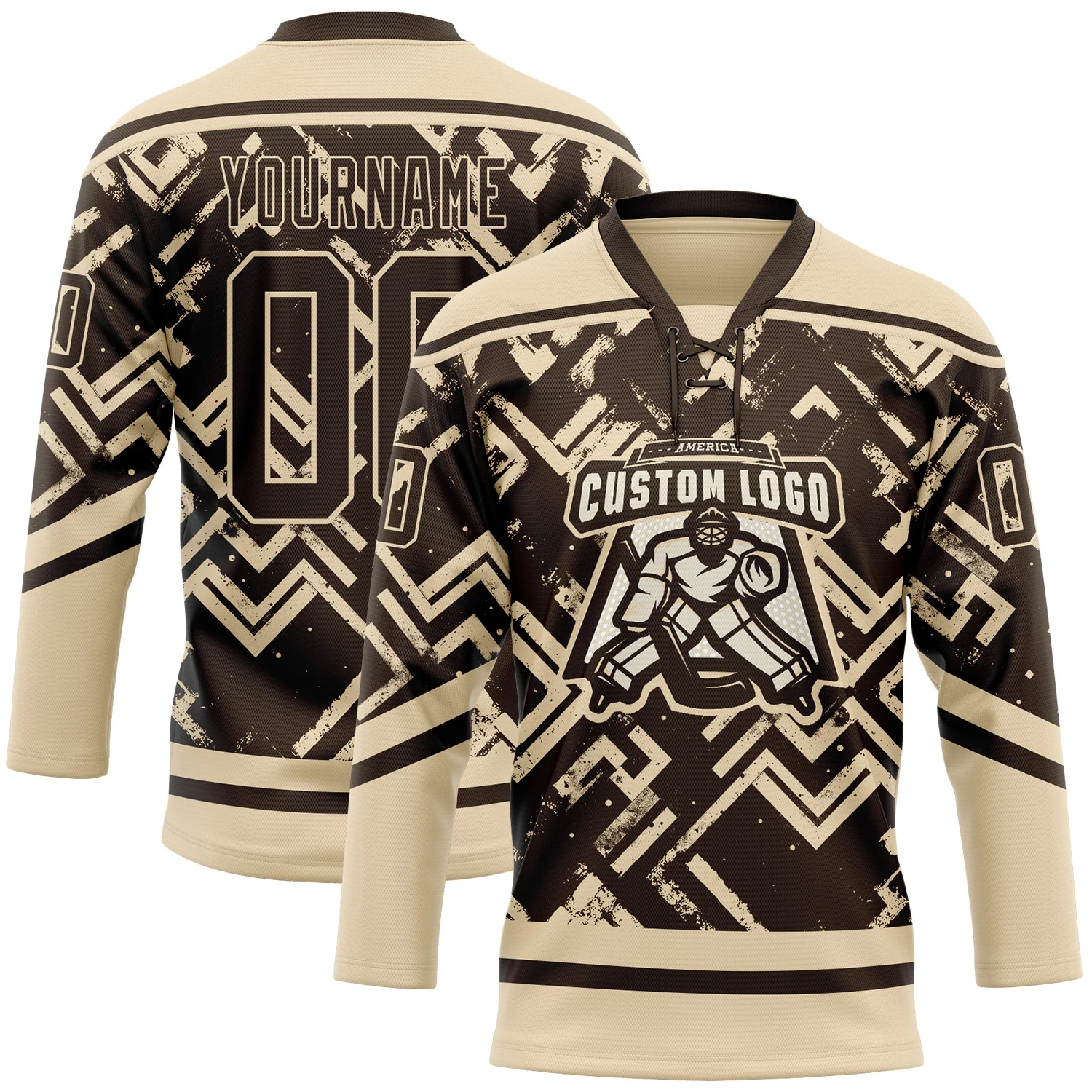 Custom Brown City Cream Tribal Indigenous Grunge Geometric Splash Hockey Lace Neck Jersey - Image 2