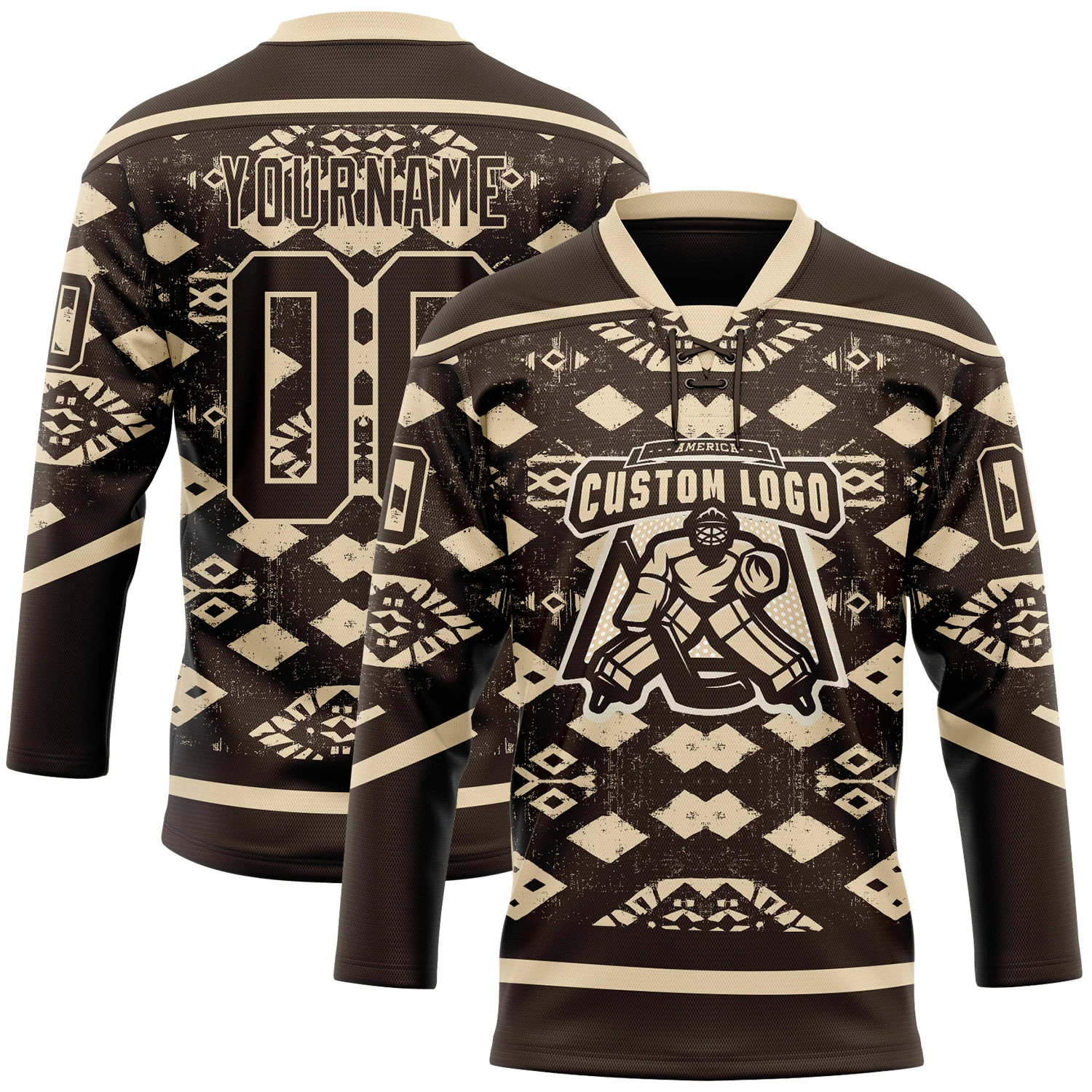 Custom Brown City Cream Tribal Indigenous Grunge Geometric Splash Hockey Lace Neck Jersey - Image 2