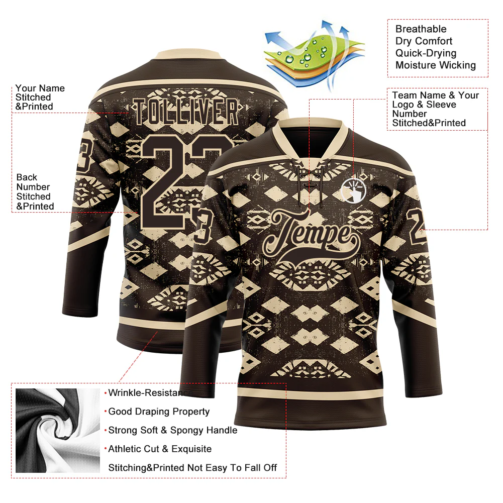 Custom Brown City Cream Tribal Indigenous Grunge Geometric Splash Hockey Lace Neck Jersey - Image 5