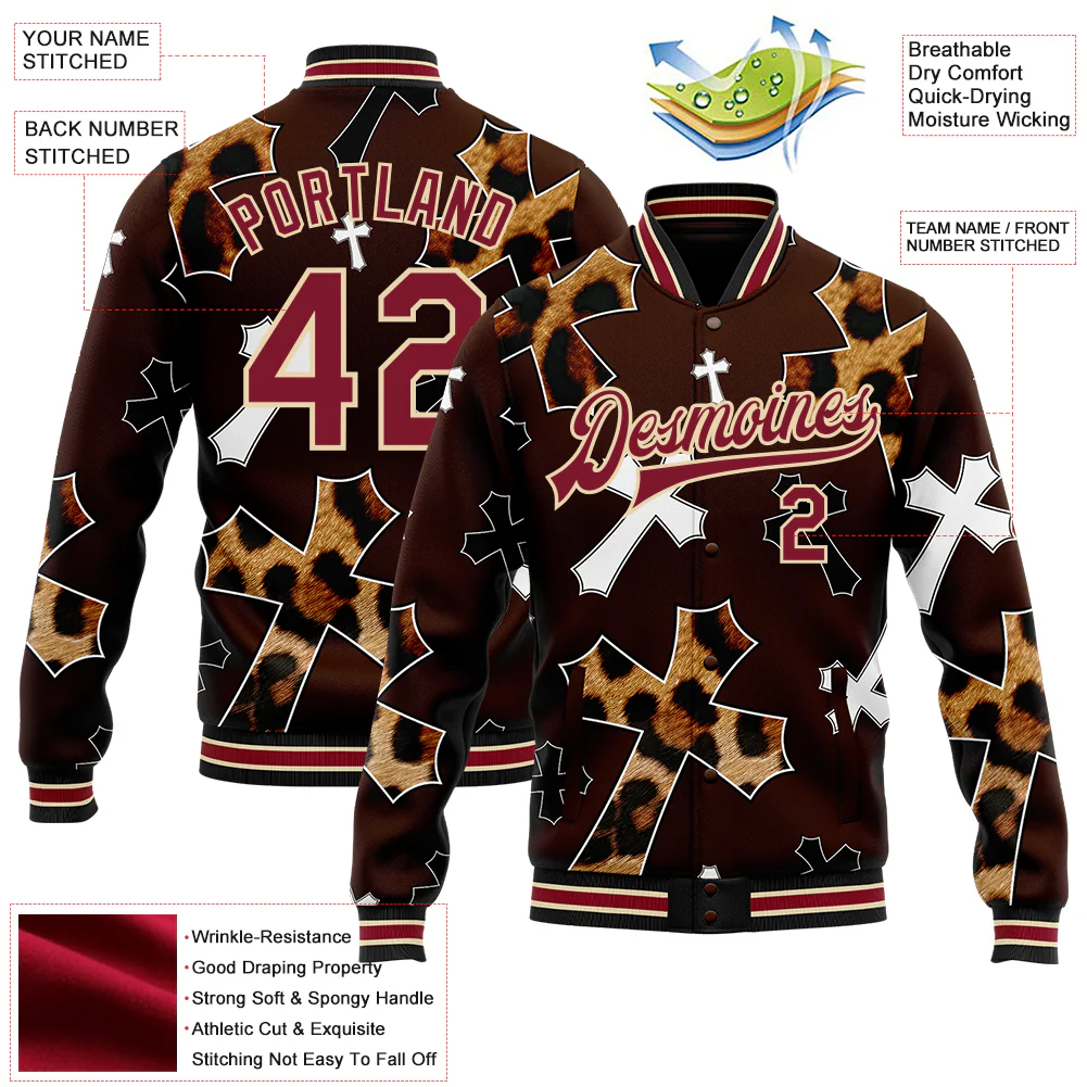 Custom Brown Crimson City Cream-Black Gothic Leopard Print Crosses Bomber Full-Snap Varsity Letterman Jacket - Image 4