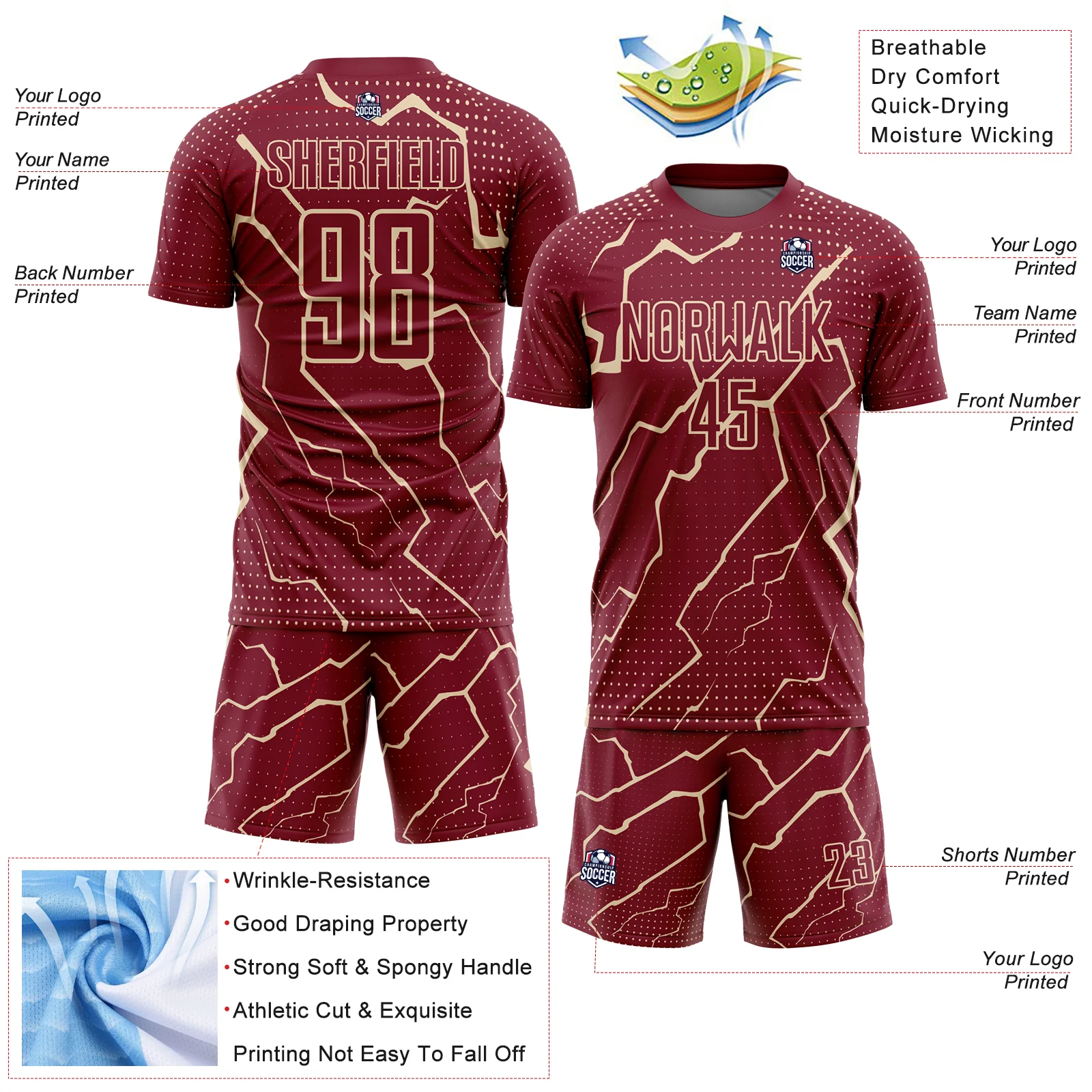 Custom Crimson City Cream Lightning Sublimation Soccer Uniform Jersey - Image 4