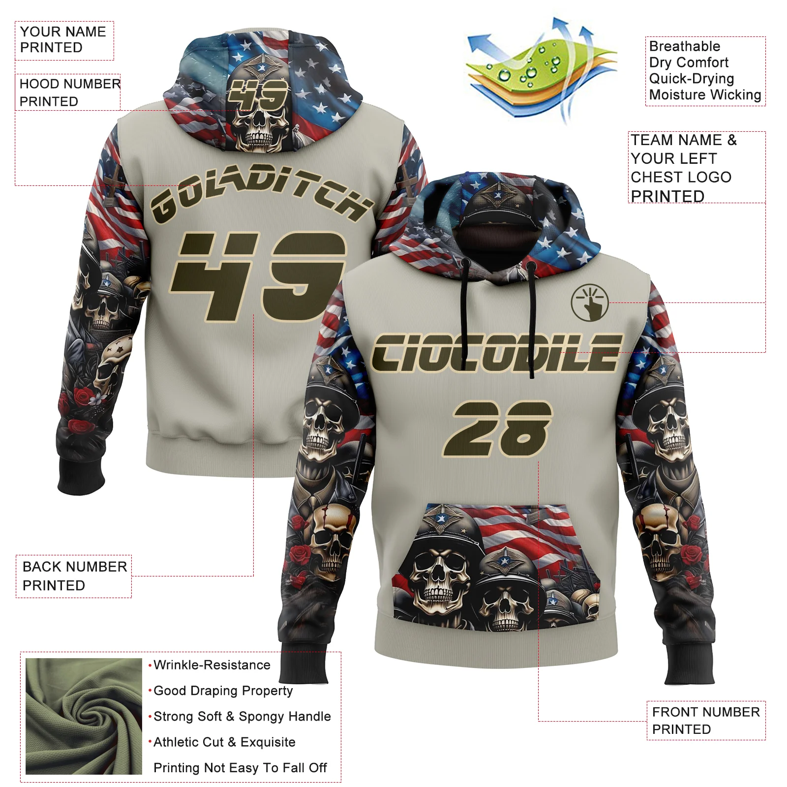 Custom Gray Olive-City Cream 3D Skull American Flag Inspired Veterans Sports Pullover Sweatshirt Hoodie - Image 2