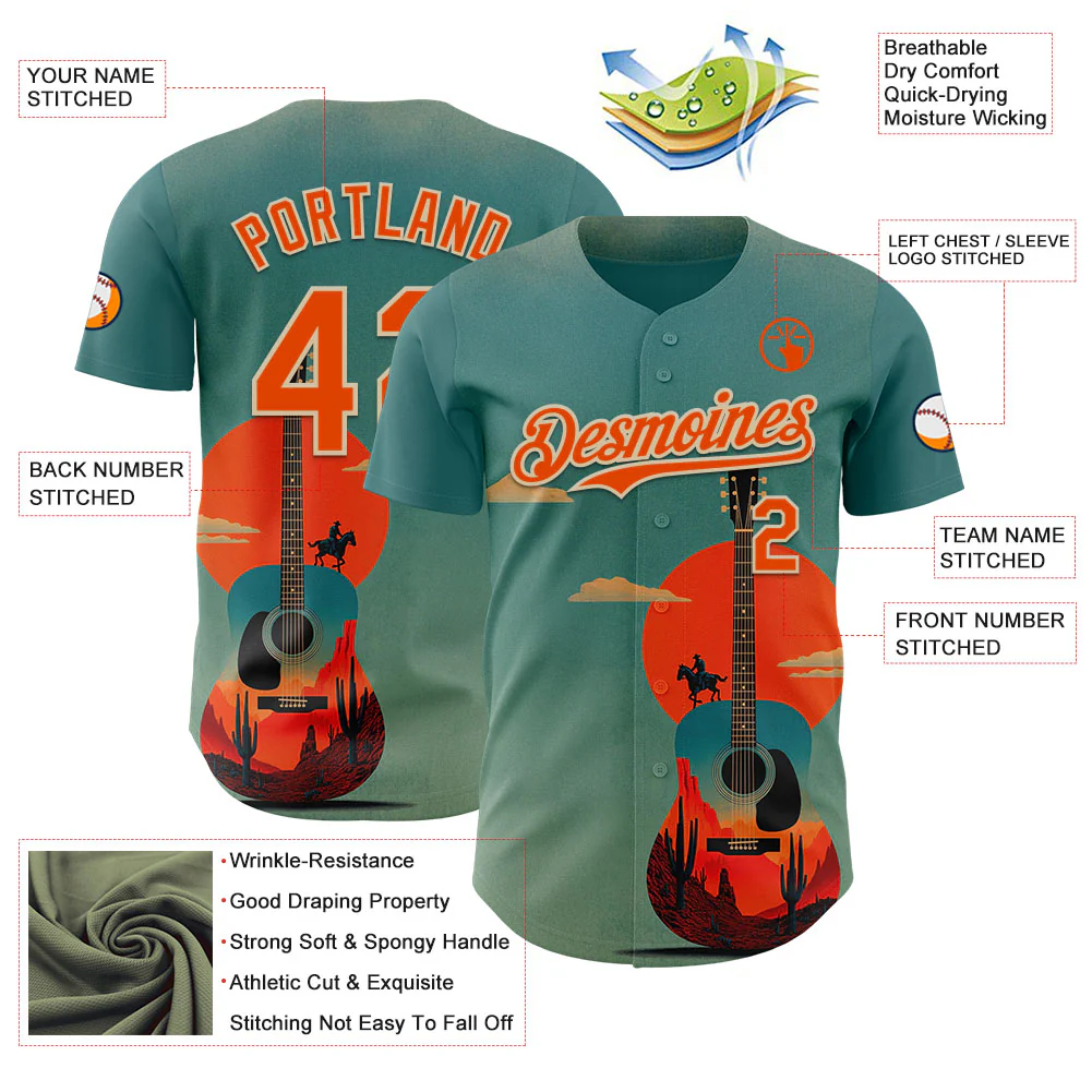 Custom Green Orange-City Cream Texas Sunset Southwest Landscape Guitar City Edition Authentic Baseball Jersey - Image 3