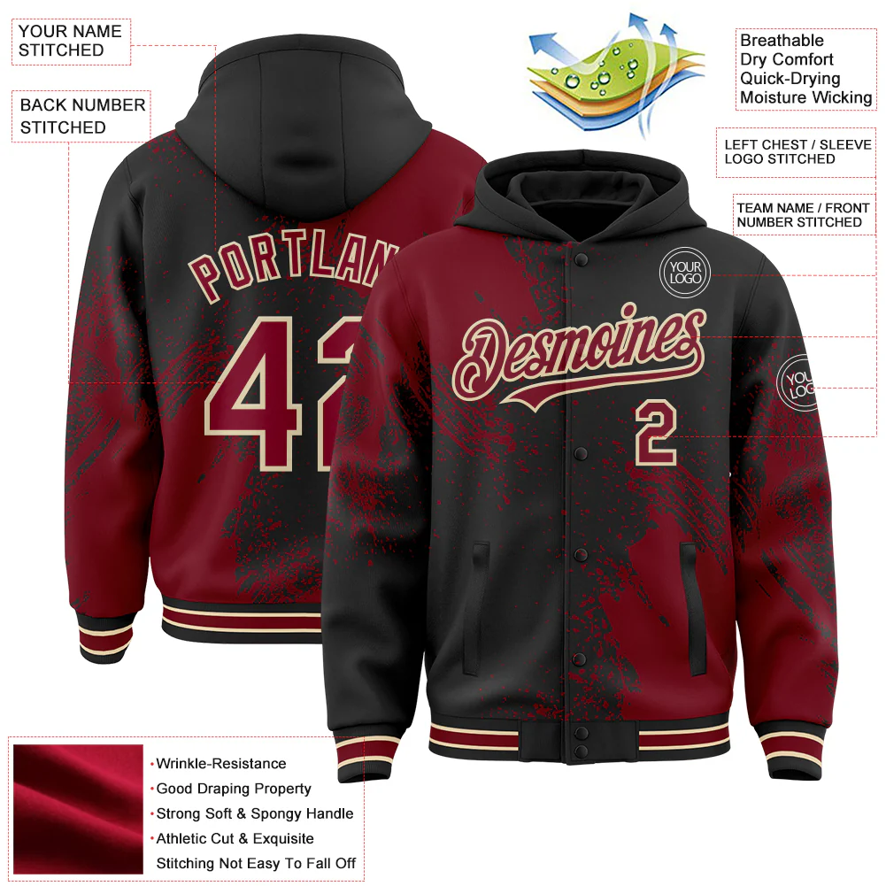 Custom Black Crimson City Cream-Cream Abstract Brush Stroke 3D Pattern Design Bomber Full-Snap Varsity Letterman Hoodie Jacket - Image 4