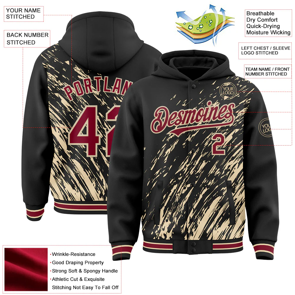 Custom Black Crimson-City Cream 3D Pattern Design Bomber Full-Snap Varsity Letterman Hoodie Jacket - Image 4