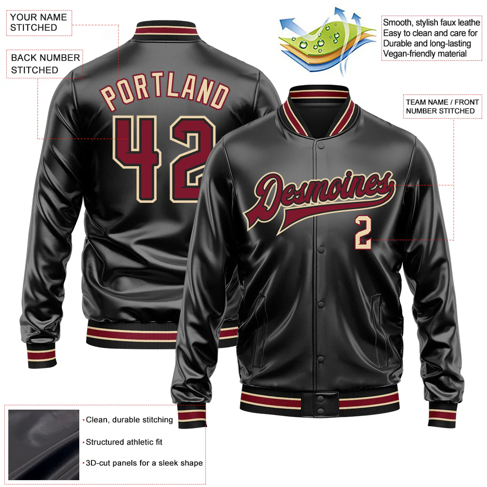 Custom Black Crimson-City Cream Bomber Full-Snap Varsity Faux Leather Letterman Jacket - Image 2