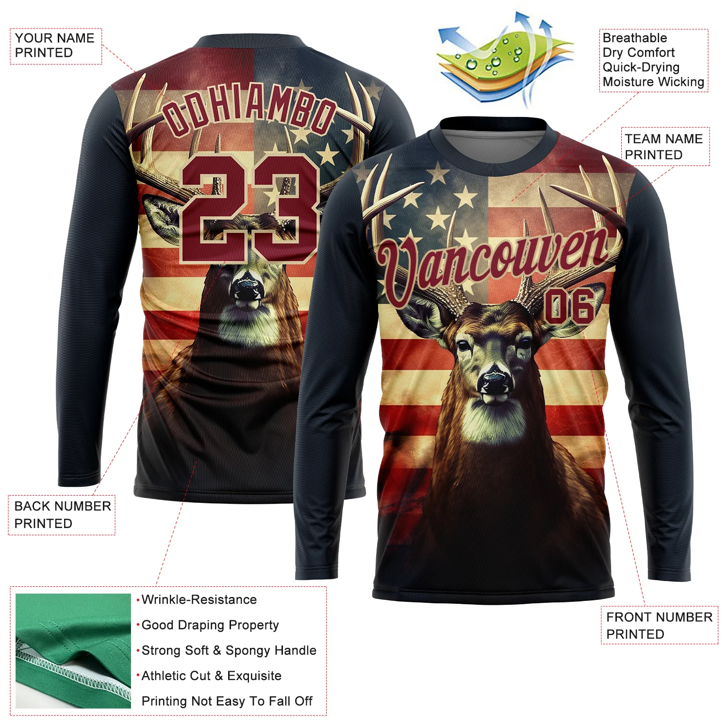 Custom Navy Crimson-City Cream 3D Animal Deer Hunting American Flag Long Sleeve Performance T-Shirt - Image 2