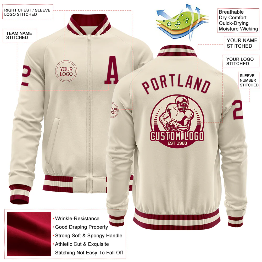 Custom Cream Maroon Bomber Varsity Letterman Zipper Jacket - Image 4