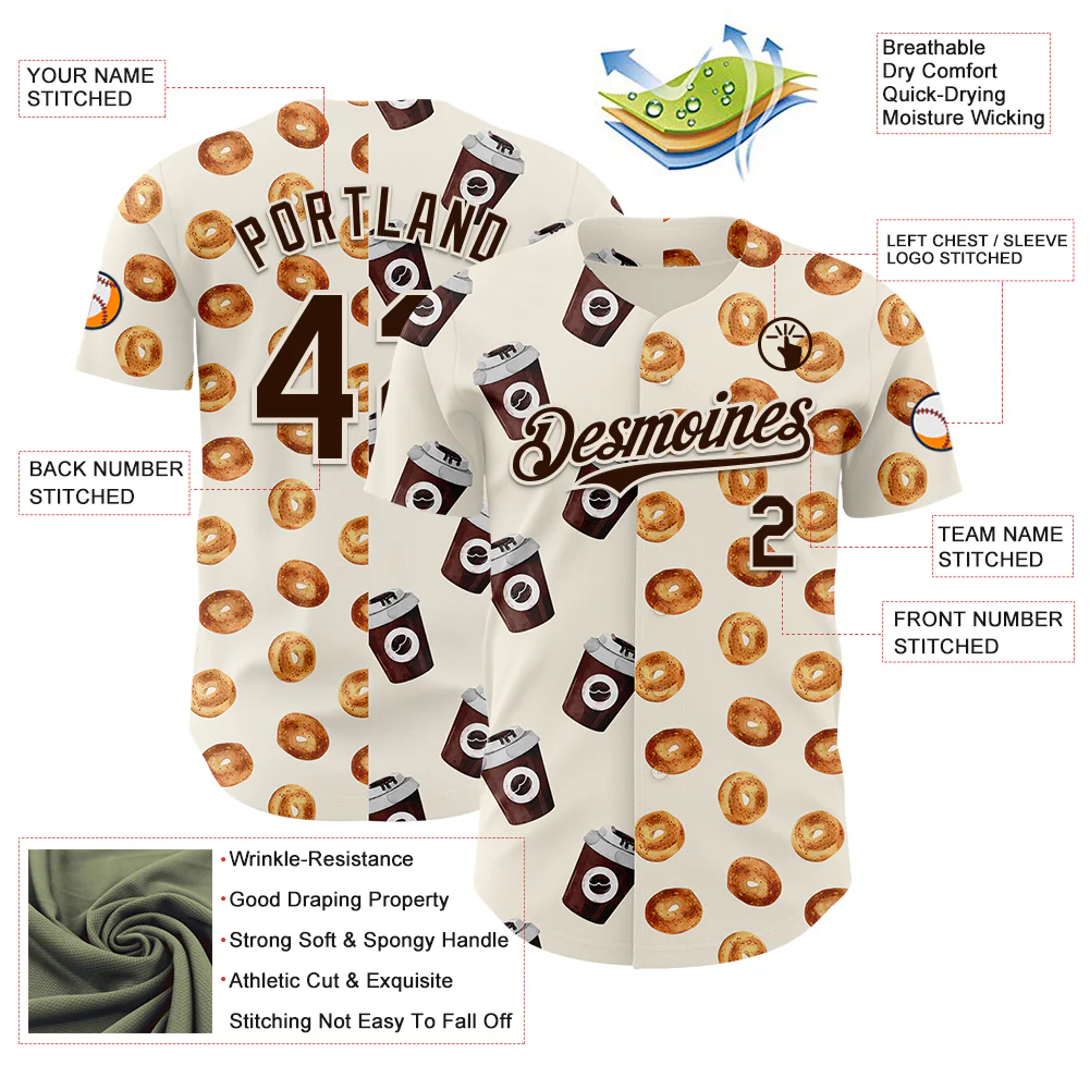 Custom Cream Brown Valentine's Day Bagel Meets Coffee Authentic Baseball Jersey - Image 3