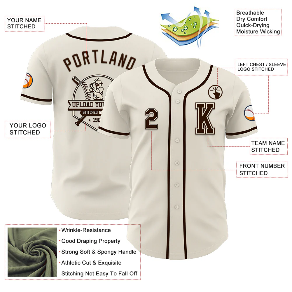 Custom Cream Brown Authentic Baseball Jersey - Image 6