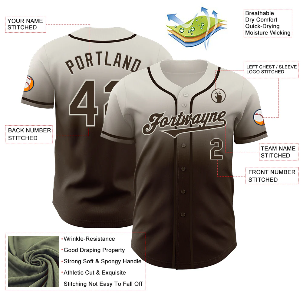 Custom Cream Brown Authentic Fade Fashion Baseball Jersey - Image 3