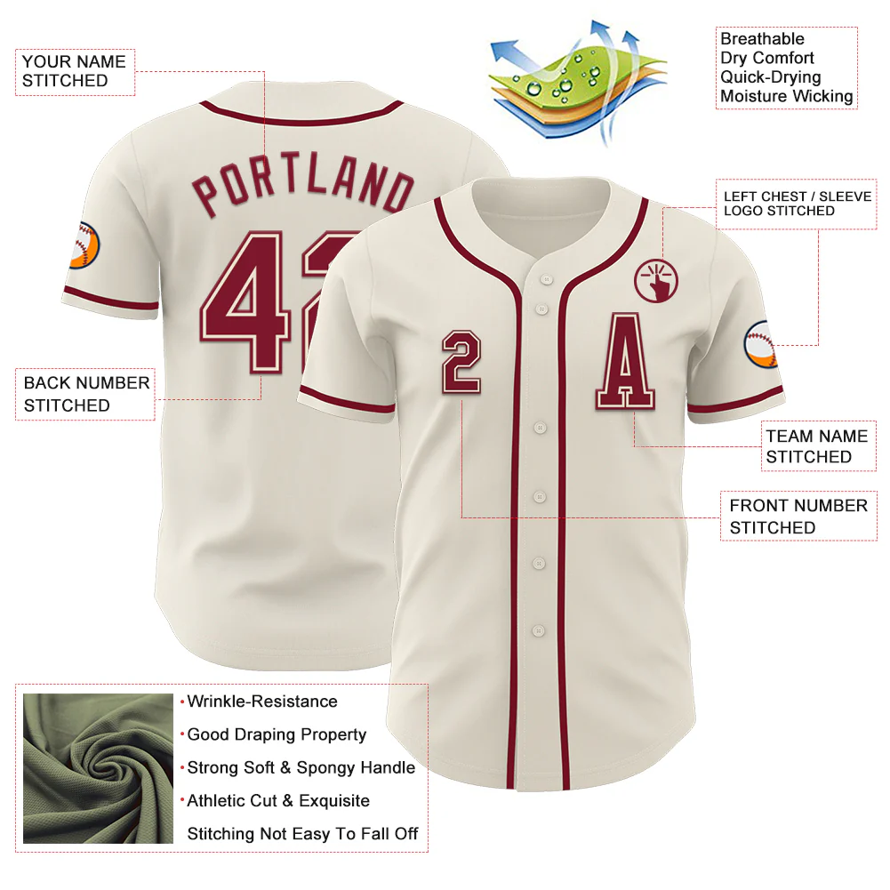 Custom Cream Crimson Authentic Baseball Jersey - Image 2