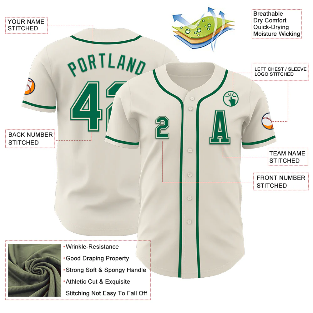 Custom Cream Kelly Green Authentic Baseball Jersey - Image 2