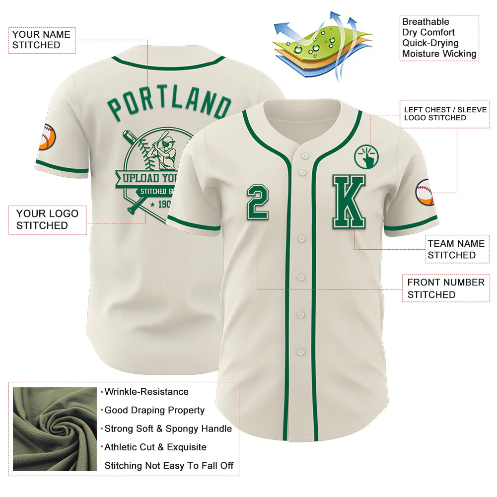 Custom Cream Kelly Green Authentic Baseball Jersey - Image 6