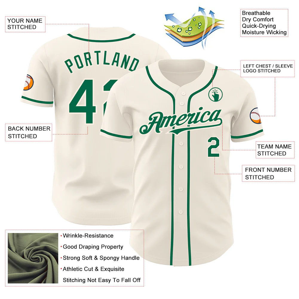 Custom Cream Kelly Green Authentic Baseball Jersey - Image 3